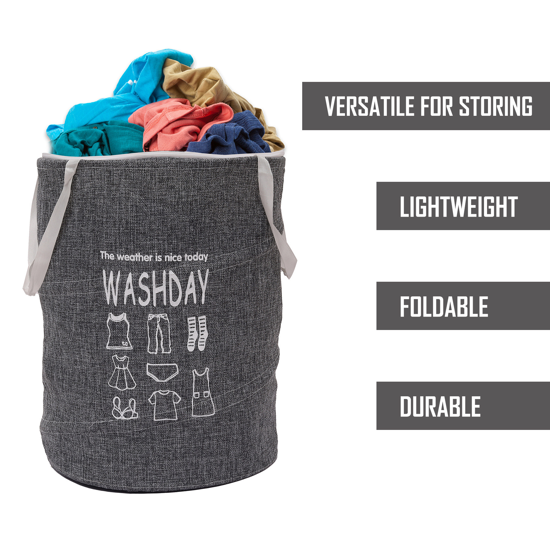Kuber Industries Laundry Basket | Round Foldable Laundry Basket | Jute Storage Bag with Button Handles | Clothes Basket for Home | Toy Storage Basket | 45 LTR | Gray