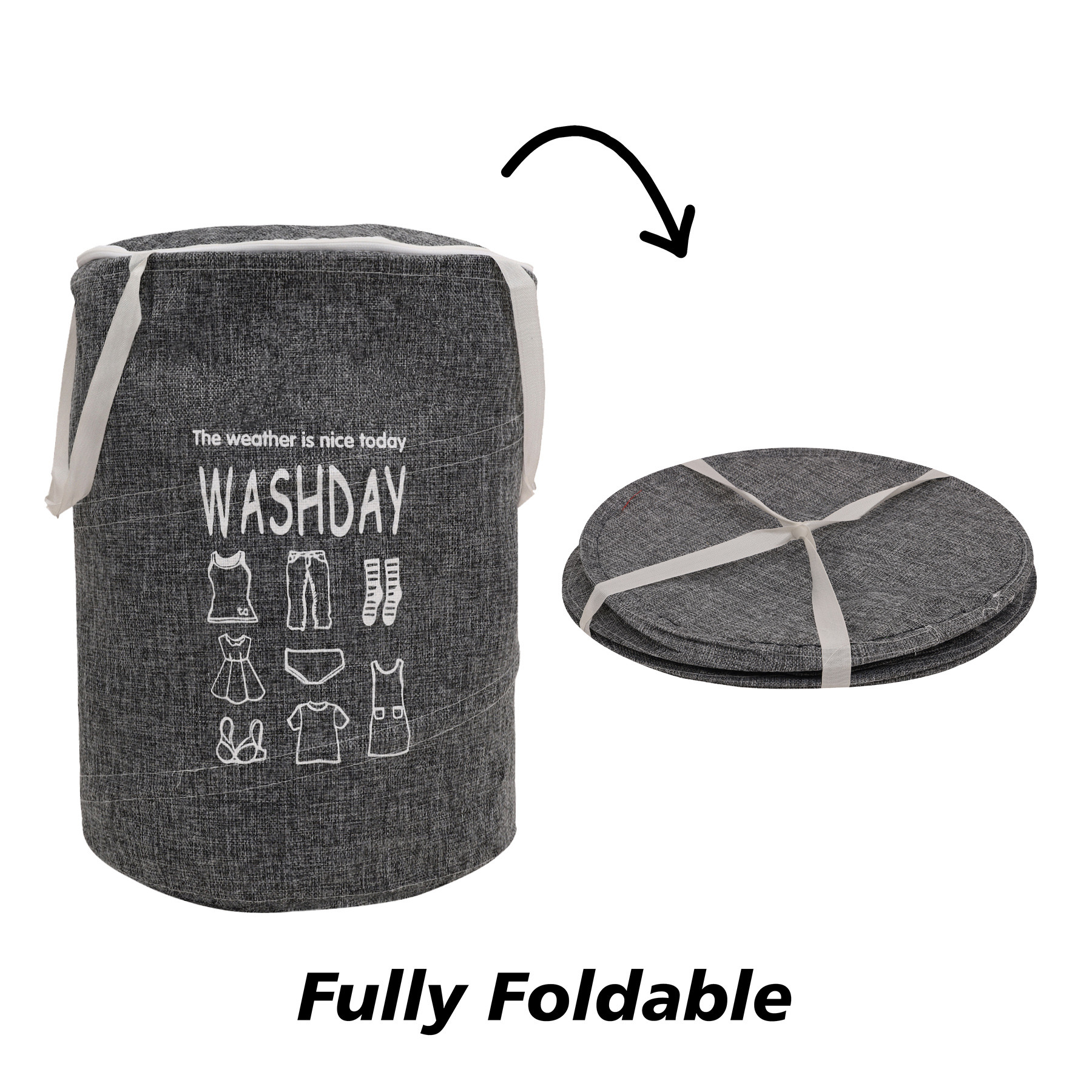 Kuber Industries Laundry Basket | Round Foldable Laundry Basket | Jute Storage Bag with Button Handles | Clothes Basket for Home | Toy Storage Basket | 45 LTR | Gray