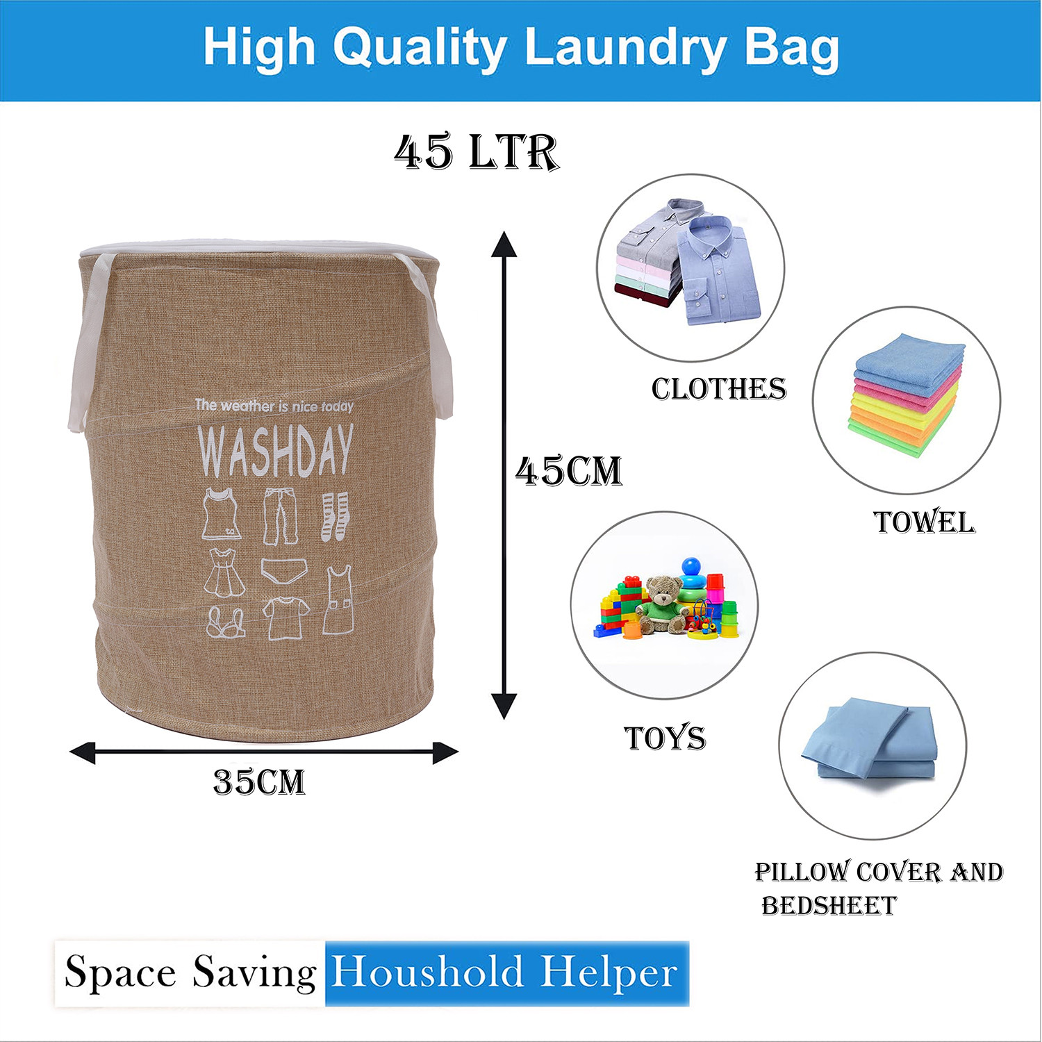 Kuber Industries Laundry Basket | Round Foldable Laundry Basket | Jute Storage Bag with Button Handles | Clothes Basket for Home | Toy Storage Basket | 45 LTR | Beige