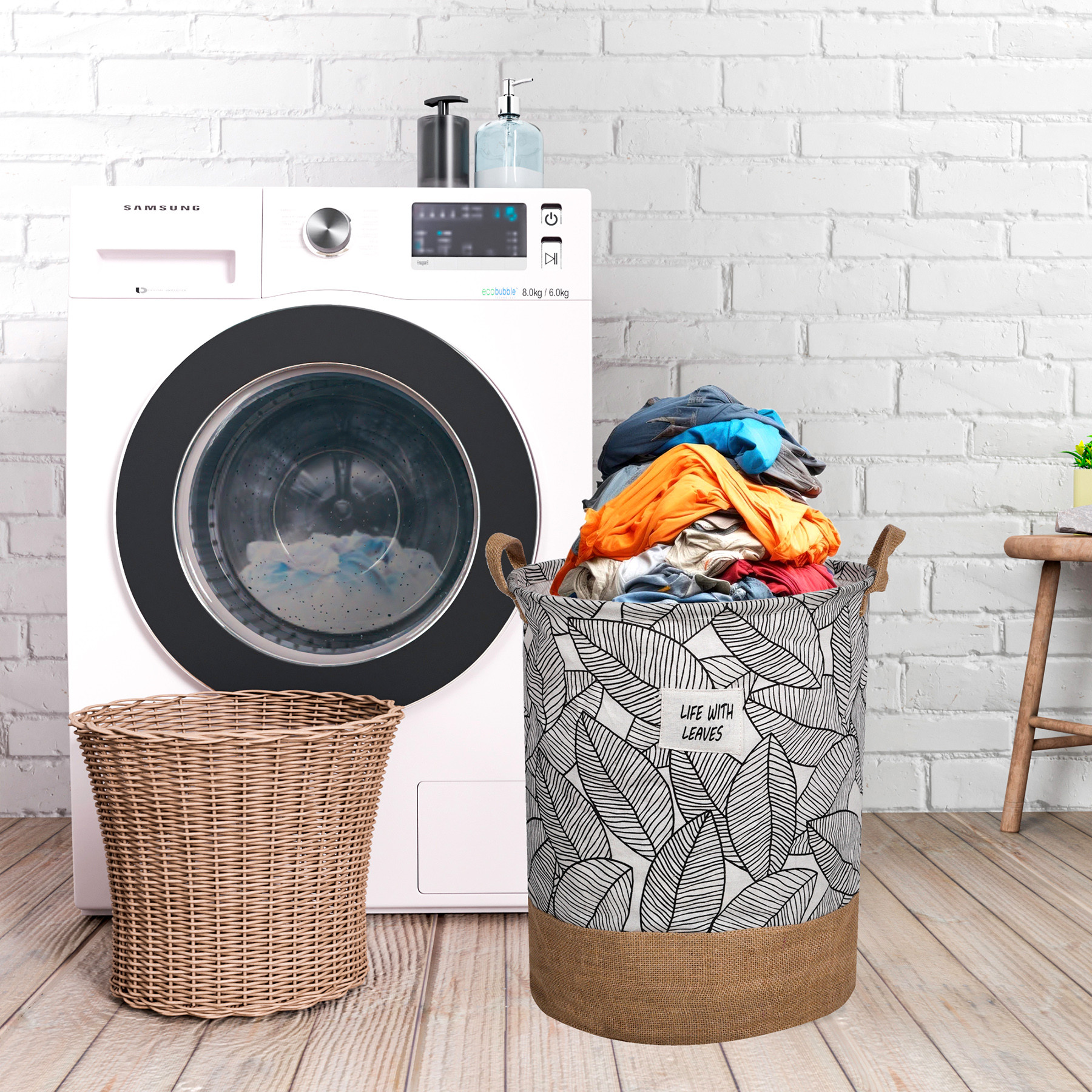 Kuber Industries Laundry Basket  Round Foldable Laundry Basket  Leaf Patta Gol Jute Storage Bag  Clothes Basket for Home  Toy Storage Basket  45 LTR  Brown