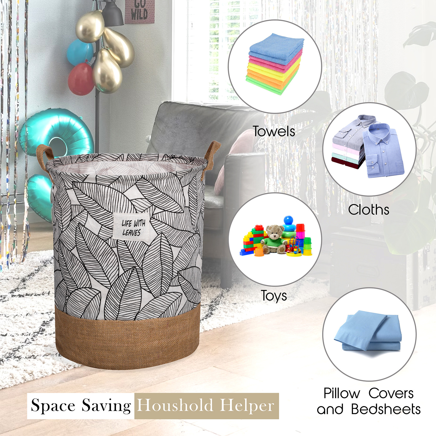 Kuber Industries Laundry Basket  Round Foldable Laundry Basket  Leaf Patta Gol Jute Storage Bag  Clothes Basket for Home  Toy Storage Basket  45 LTR  Brown