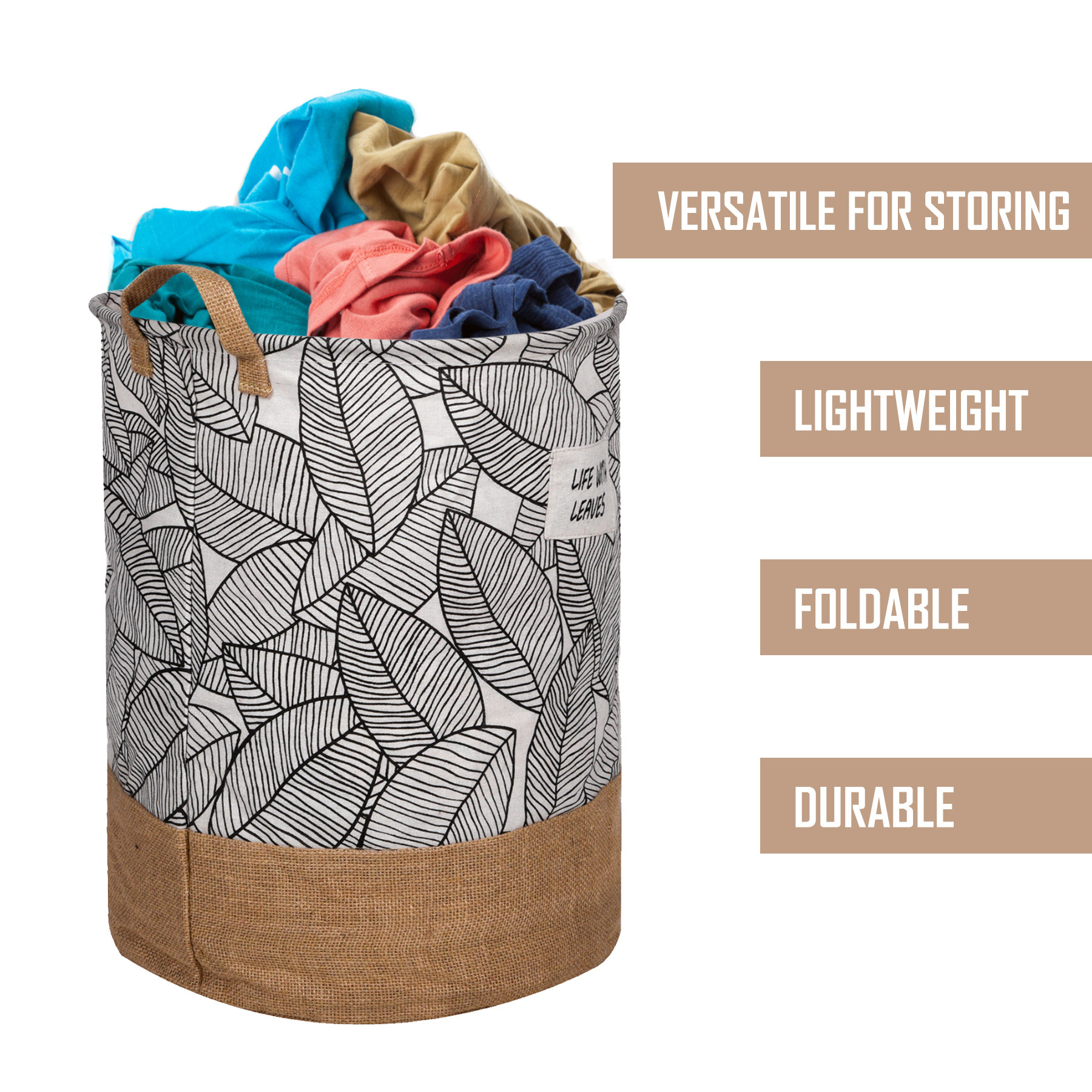 Kuber Industries Laundry Basket  Round Foldable Laundry Basket  Leaf Patta Gol Jute Storage Bag  Clothes Basket for Home  Toy Storage Basket  45 LTR  Brown