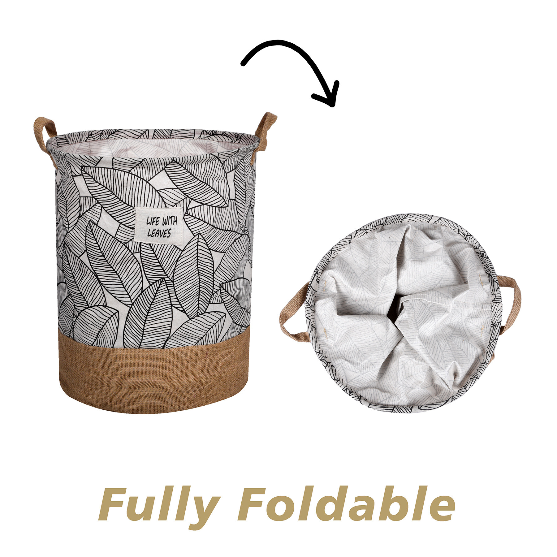 Kuber Industries Laundry Basket  Round Foldable Laundry Basket  Leaf Patta Gol Jute Storage Bag  Clothes Basket for Home  Toy Storage Basket  45 LTR  Brown