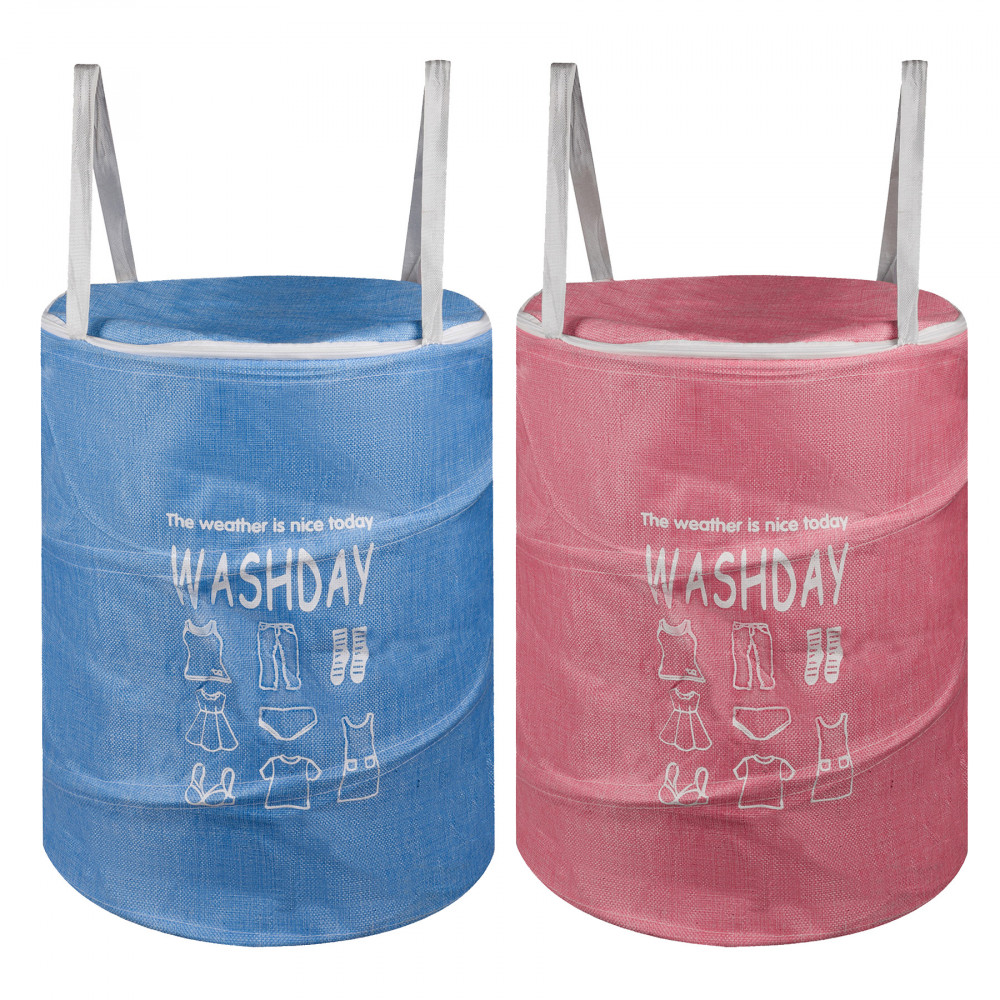 Kuber Industries Laundry Basket | Round Laundry Basket | Jute Storage Bag with Button Handles | Clothes Bag for Home | Toy Storage Basket | 45 LTR | Pack of 2 | Pink &amp; Blue
