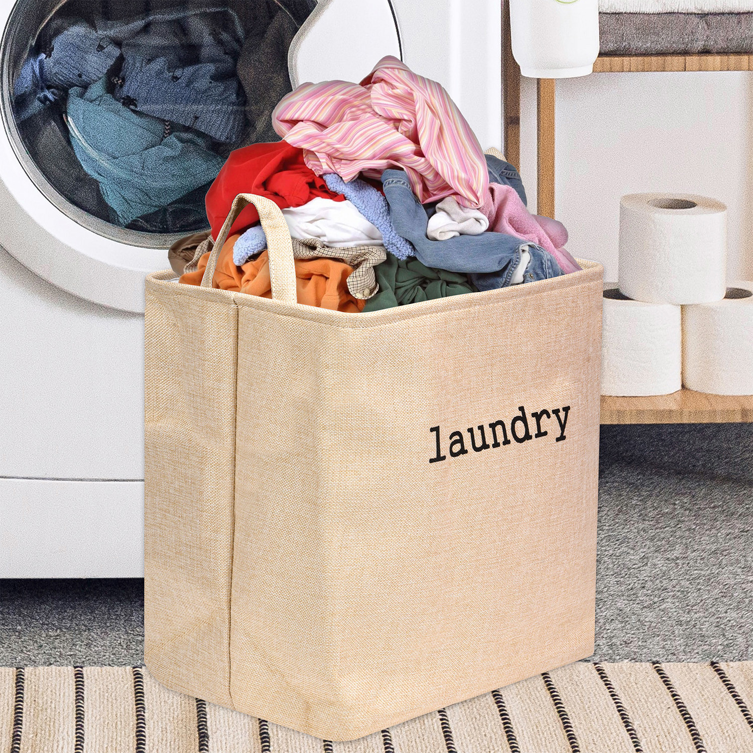 Kuber Industries Laundry Basket  Square Foldable Laundry Basket  Jute Storage Bag with Handles  Clothes Basket for Home  Toy Storage Basket  40 LTR  Golden