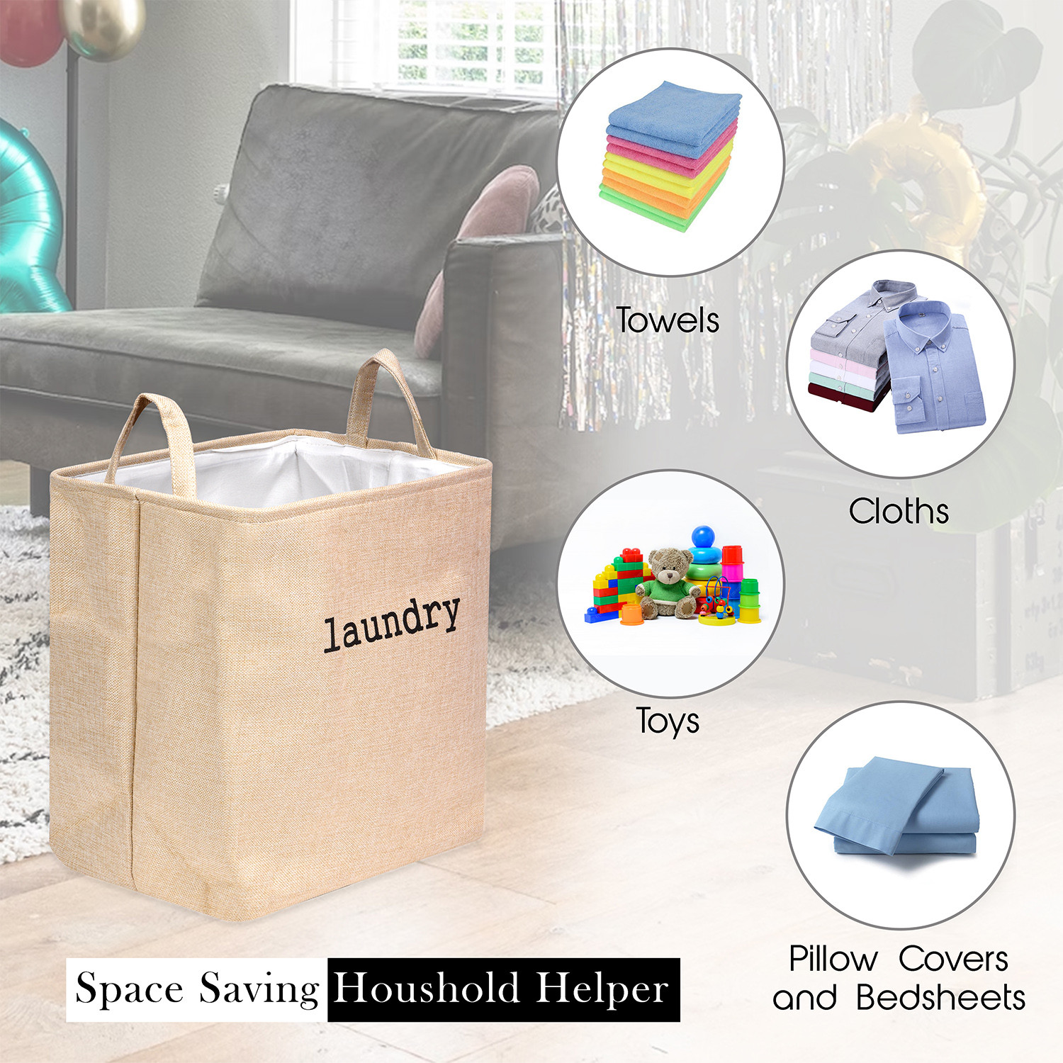 Kuber Industries Laundry Basket  Square Foldable Laundry Basket  Jute Storage Bag with Handles  Clothes Basket for Home  Toy Storage Basket  40 LTR  Golden