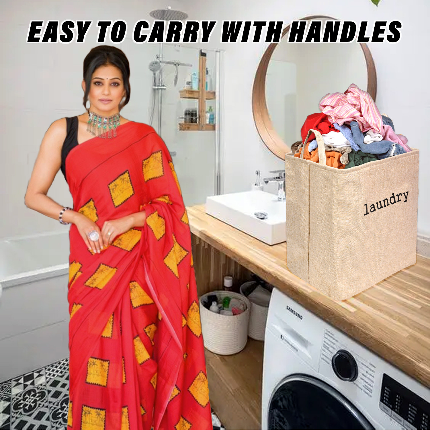 Kuber Industries Laundry Basket  Square Foldable Laundry Basket  Jute Storage Bag with Handles  Clothes Basket for Home  Toy Storage Basket  40 LTR  Golden