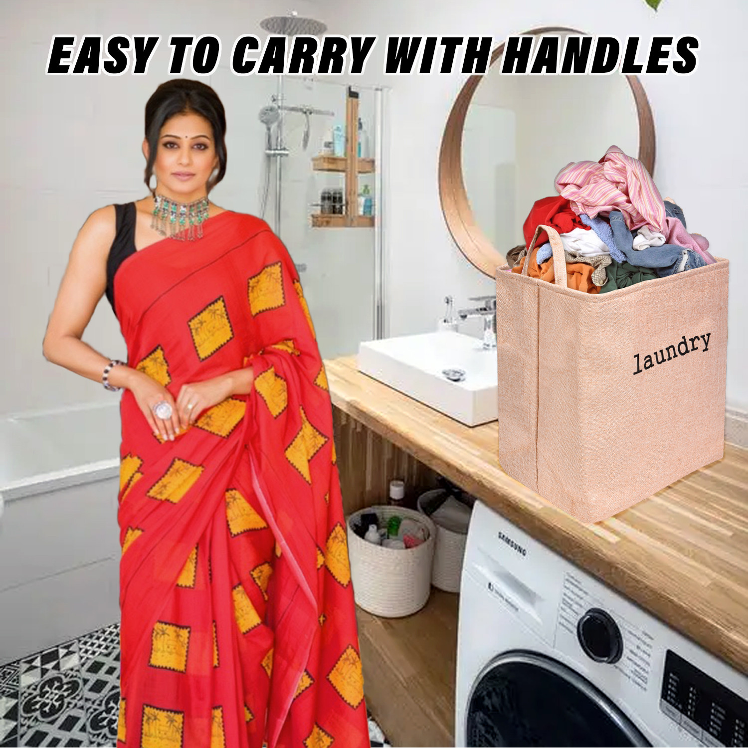 Kuber Industries Laundry Basket  Square Foldable Laundry Basket  Jute Storage Bag with Handles  Clothes Basket for Home  Toy Storage Basket  40 LTR  Peach