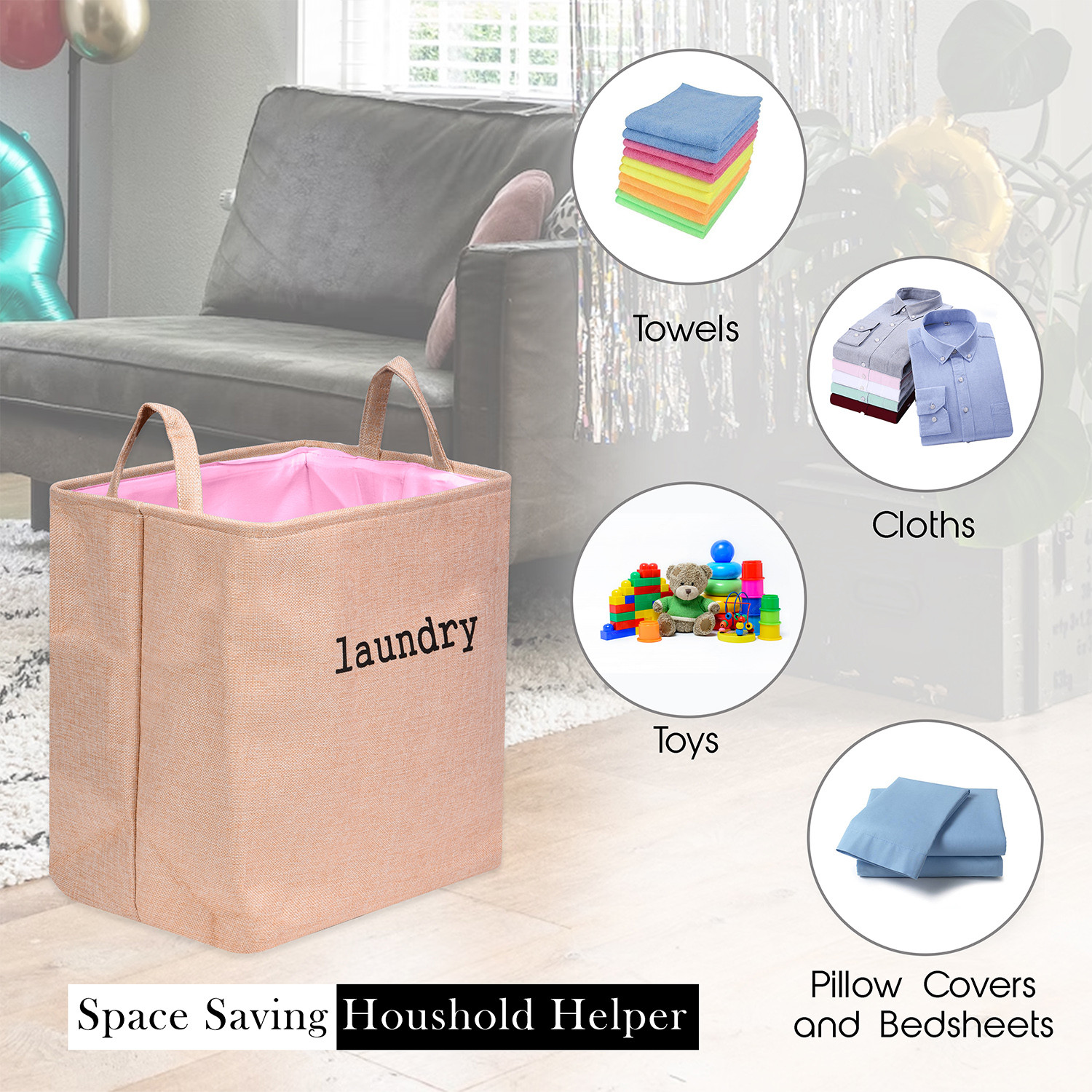 Kuber Industries Laundry Basket | Square Foldable Laundry Basket | Jute Storage Bag with Handles | Clothes Basket for Home | Toy Storage Basket | 40 LTR | Peach