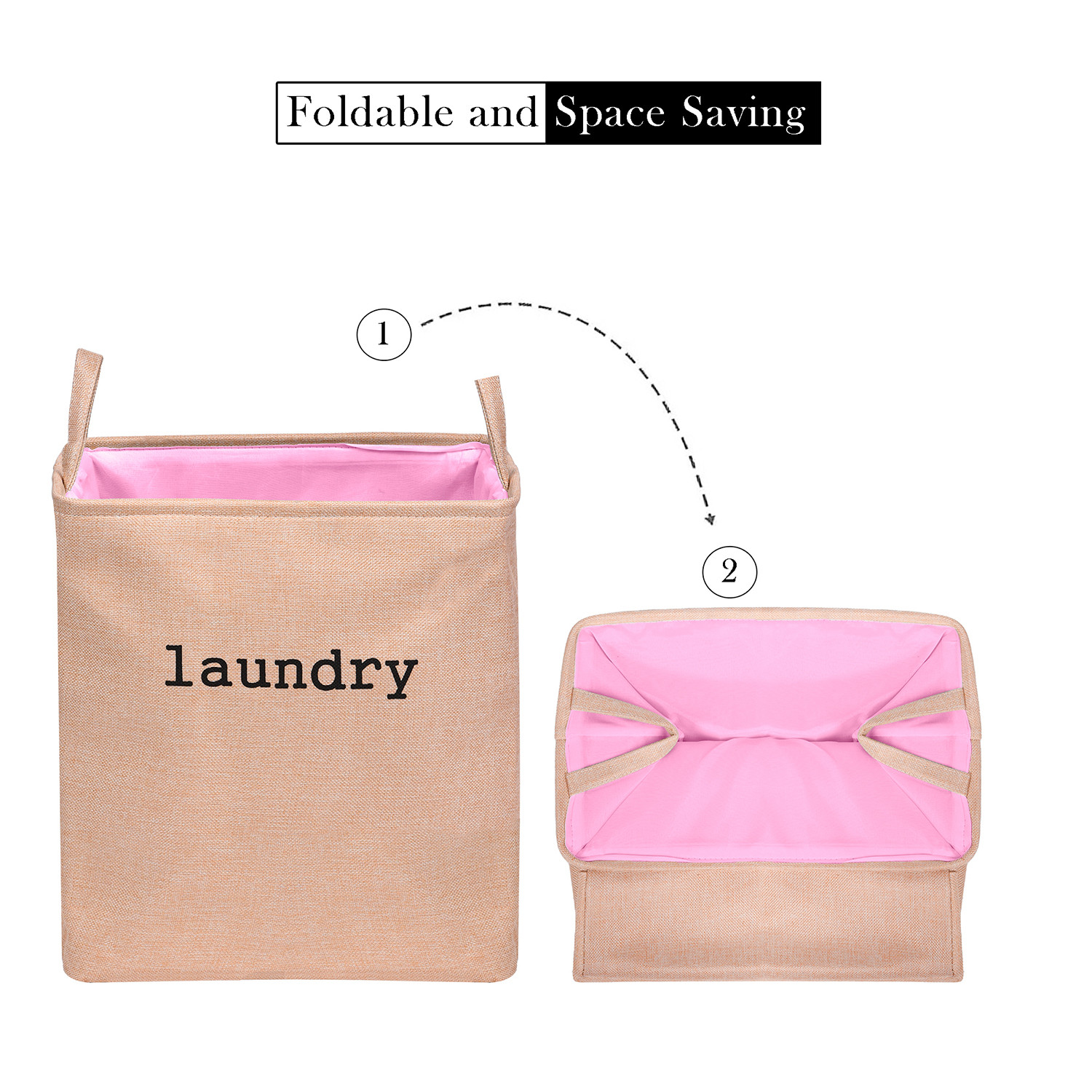 Kuber Industries Laundry Basket | Square Foldable Laundry Basket | Jute Storage Bag with Handles | Clothes Basket for Home | Toy Storage Basket | 40 LTR | Peach