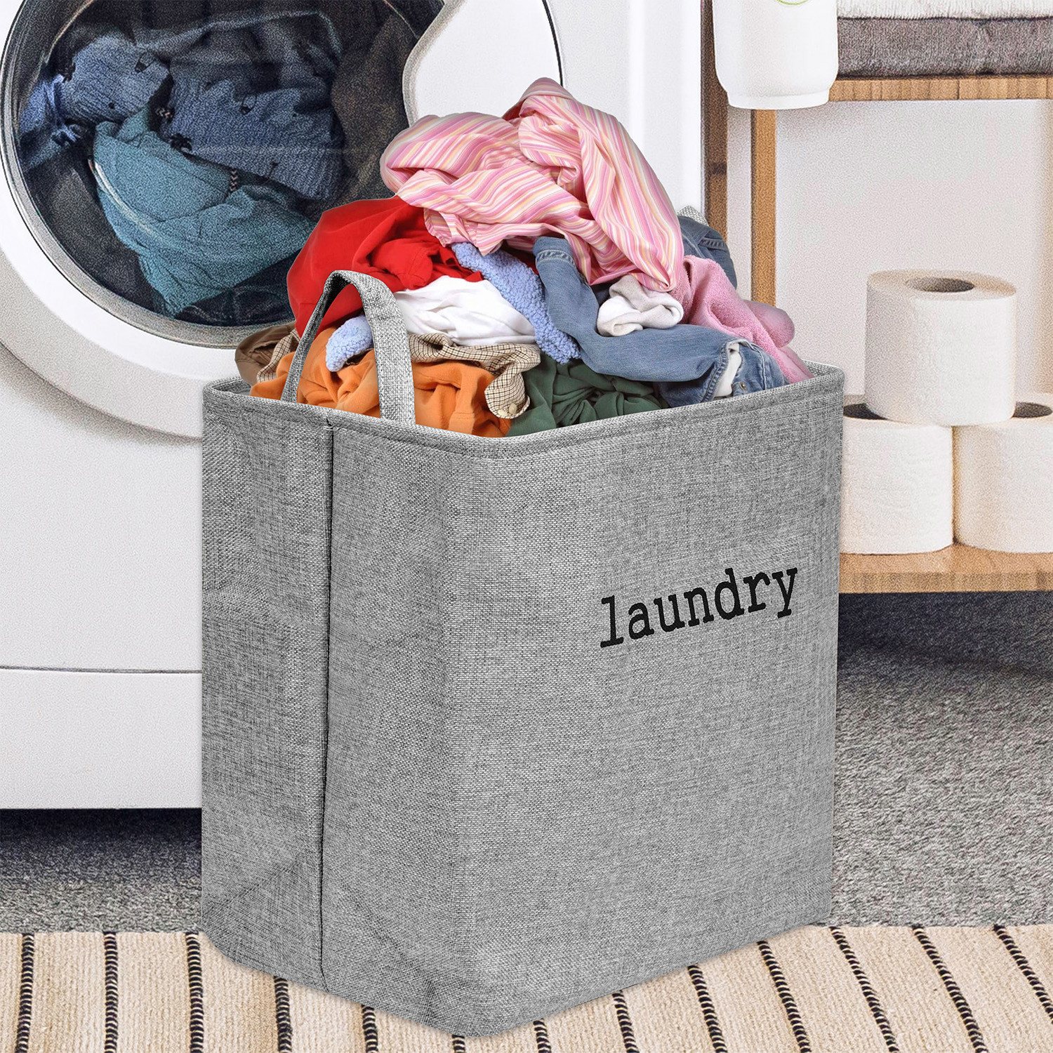 Kuber Industries Laundry Basket | Square Foldable Laundry Basket | Jute Storage Bag with Handles | Clothes Basket for Home | Toy Storage Basket | 40 LTR | Gray