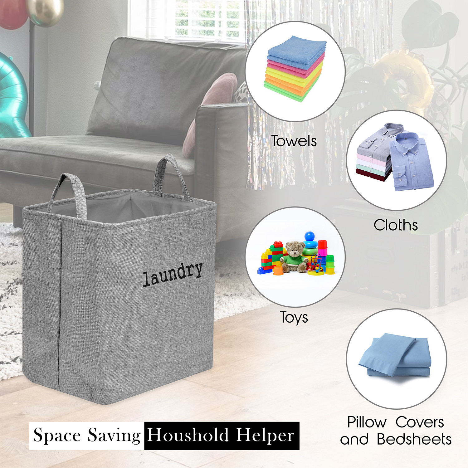 Kuber Industries Laundry Basket | Square Foldable Laundry Basket | Jute Storage Bag with Handles | Clothes Basket for Home | Toy Storage Basket | 40 LTR | Gray