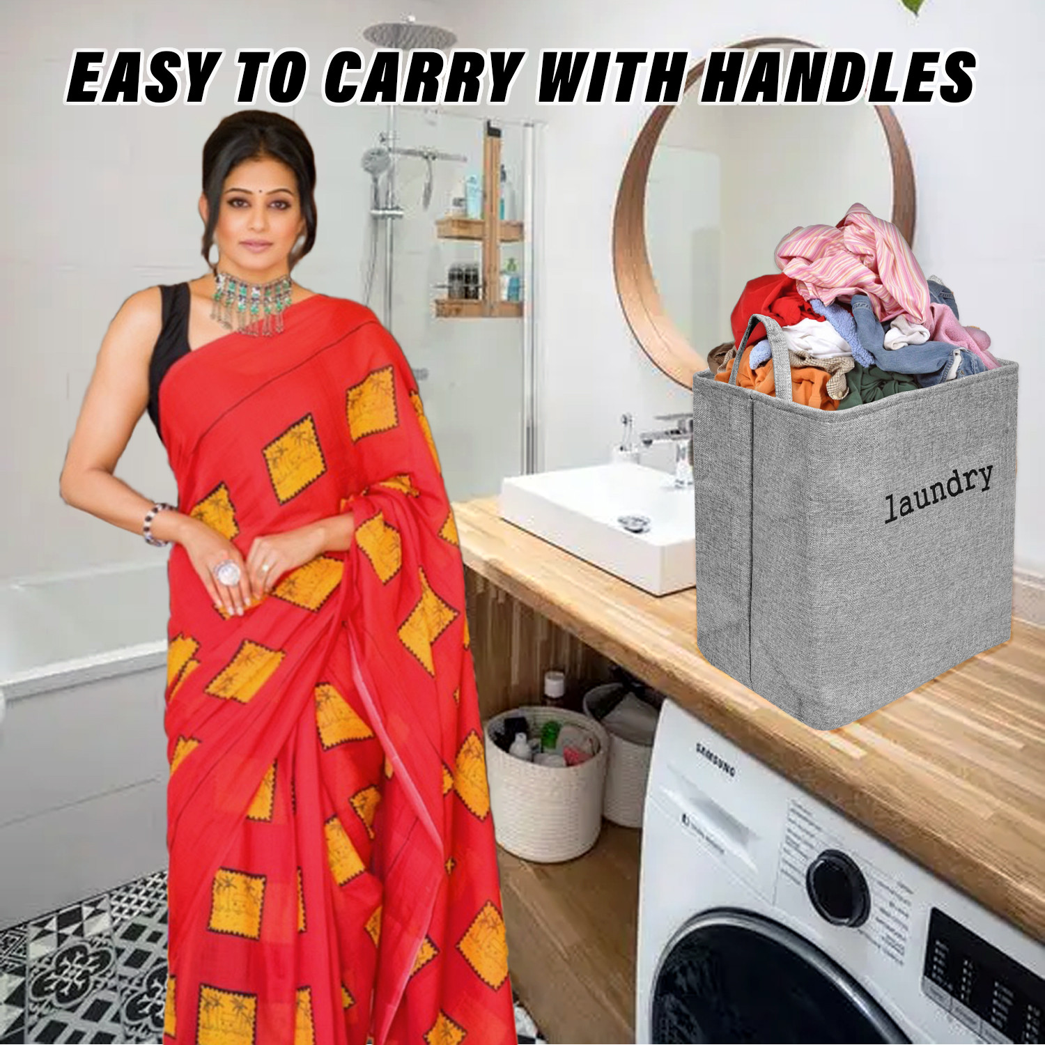 Kuber Industries Laundry Basket | Square Foldable Laundry Basket | Jute Storage Bag with Handles | Clothes Basket for Home | Toy Storage Basket | 40 LTR | Gray