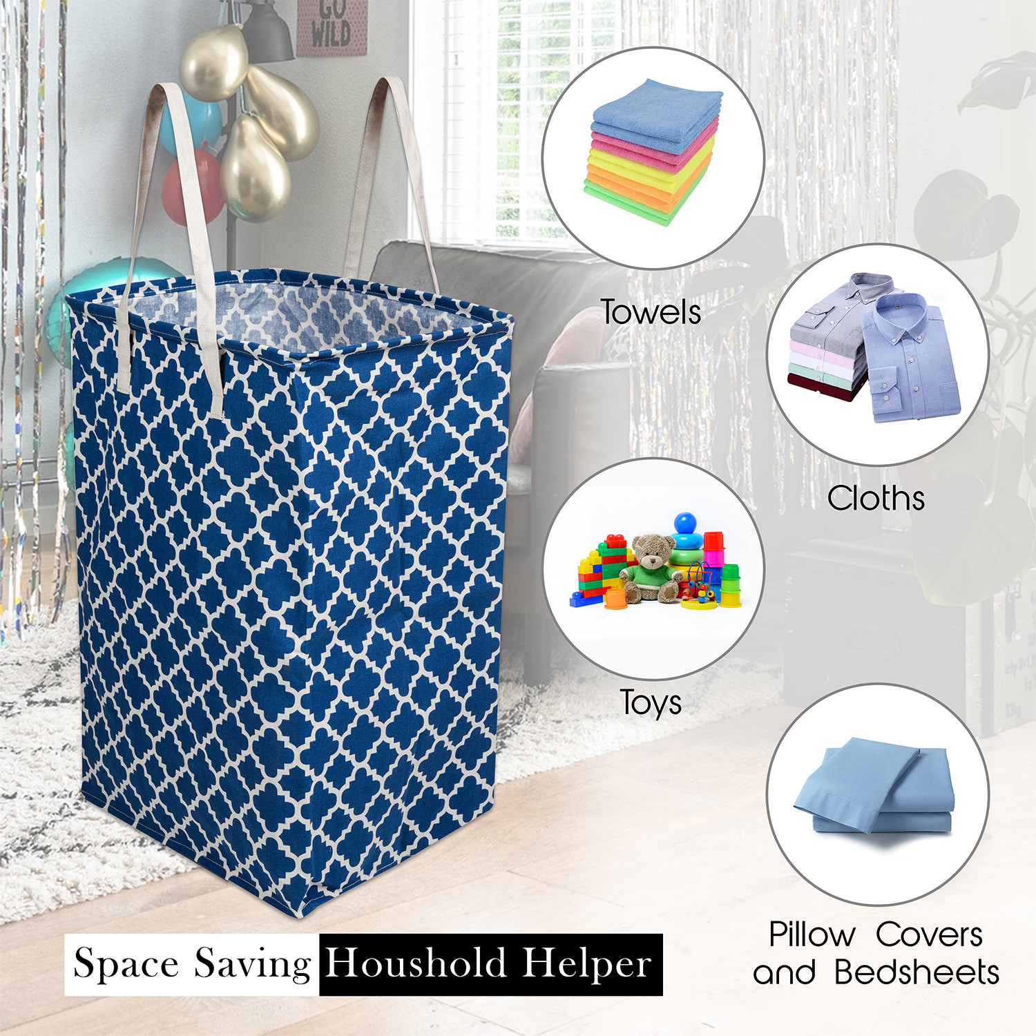 Kuber Industries Laundry Basket  Star Laundry Basket  Canvas Storage Bag with Handles  Clothes Storage Basket for Home  Toy Storage Basket  75 LTR  Large  Royal Blue