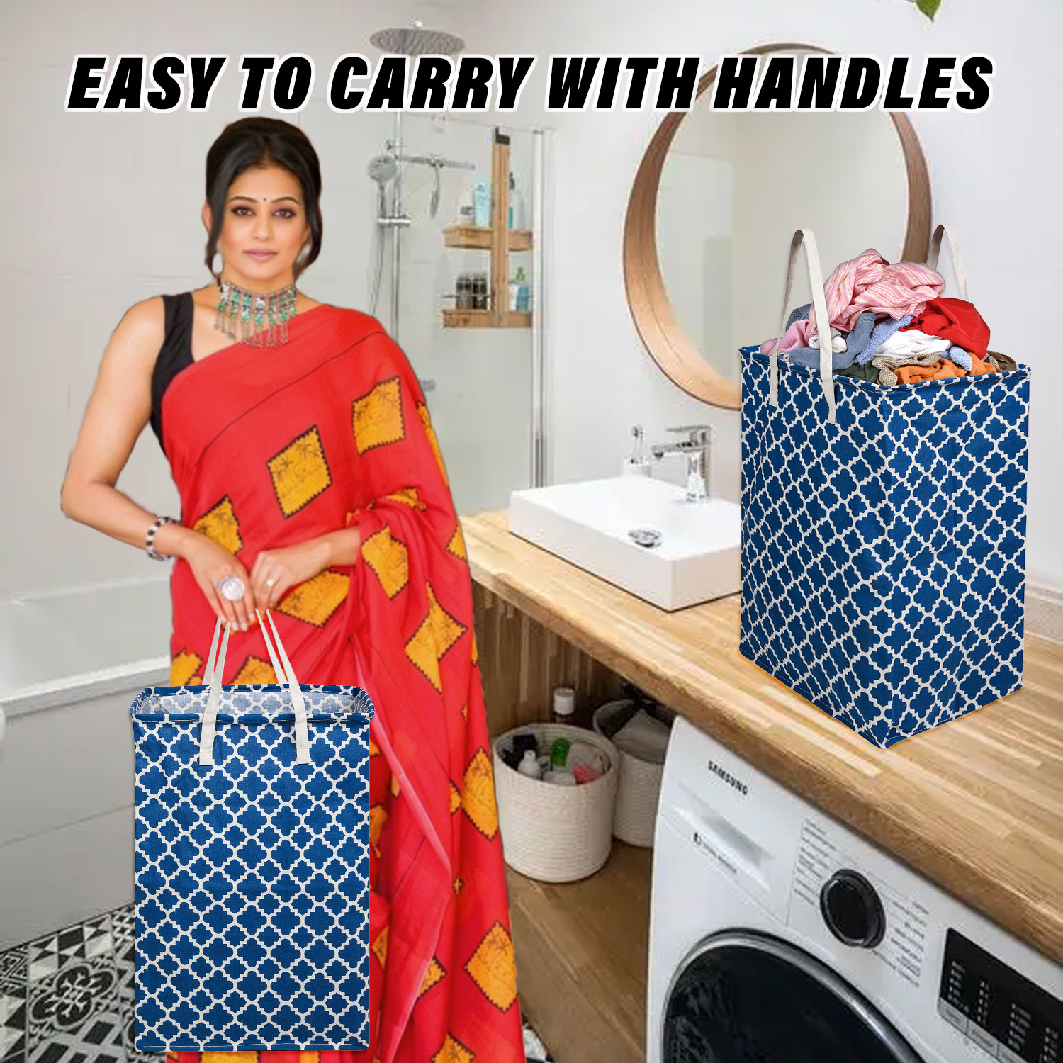 Kuber Industries Laundry Basket  Star Laundry Basket  Canvas Storage Bag with Handles  Clothes Storage Basket for Home  Toy Storage Basket  75 LTR  Large  Royal Blue