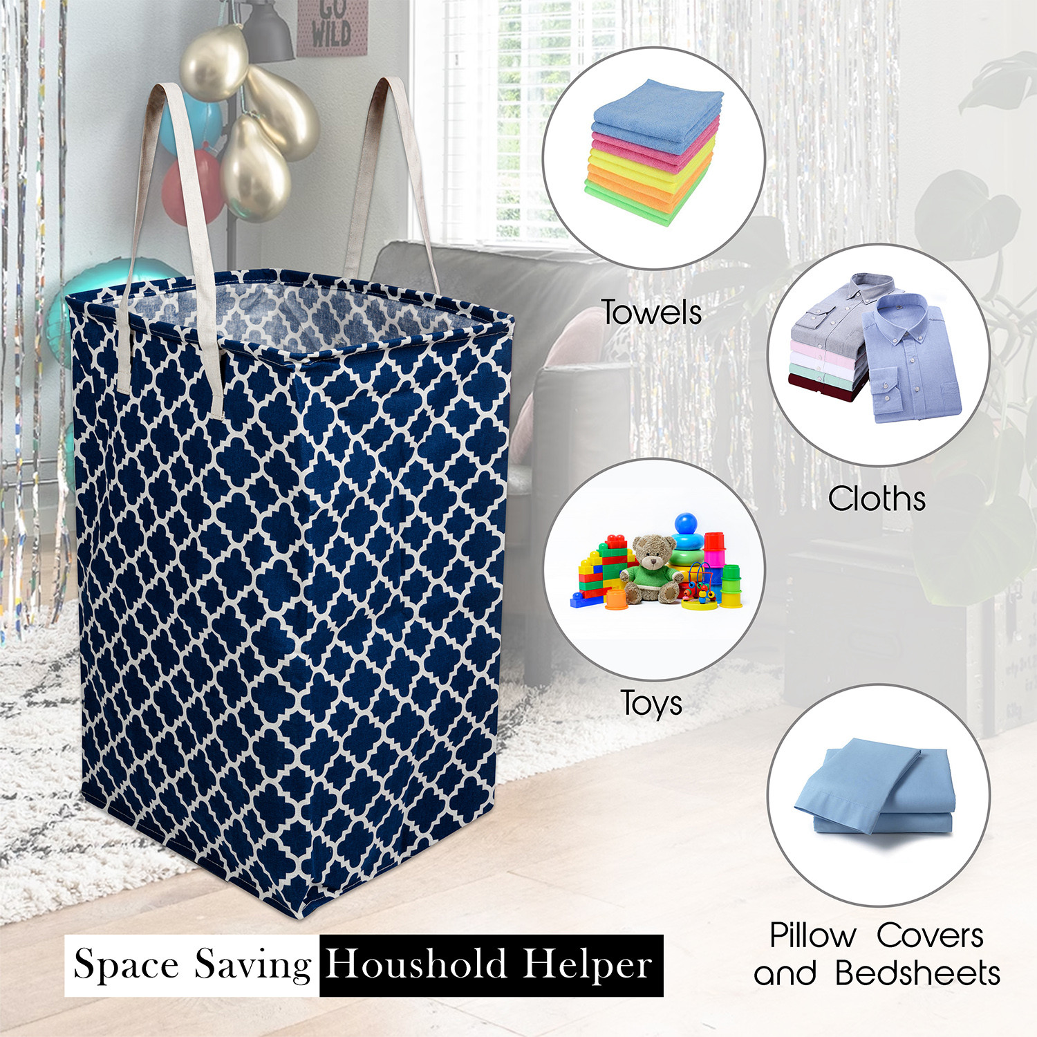 Kuber Industries Laundry Basket  Star Laundry Basket  Canvas Storage Bag with Handles  Clothes Storage Basket for Home  Toy Storage Basket  75 LTR  Large  Navy Blue