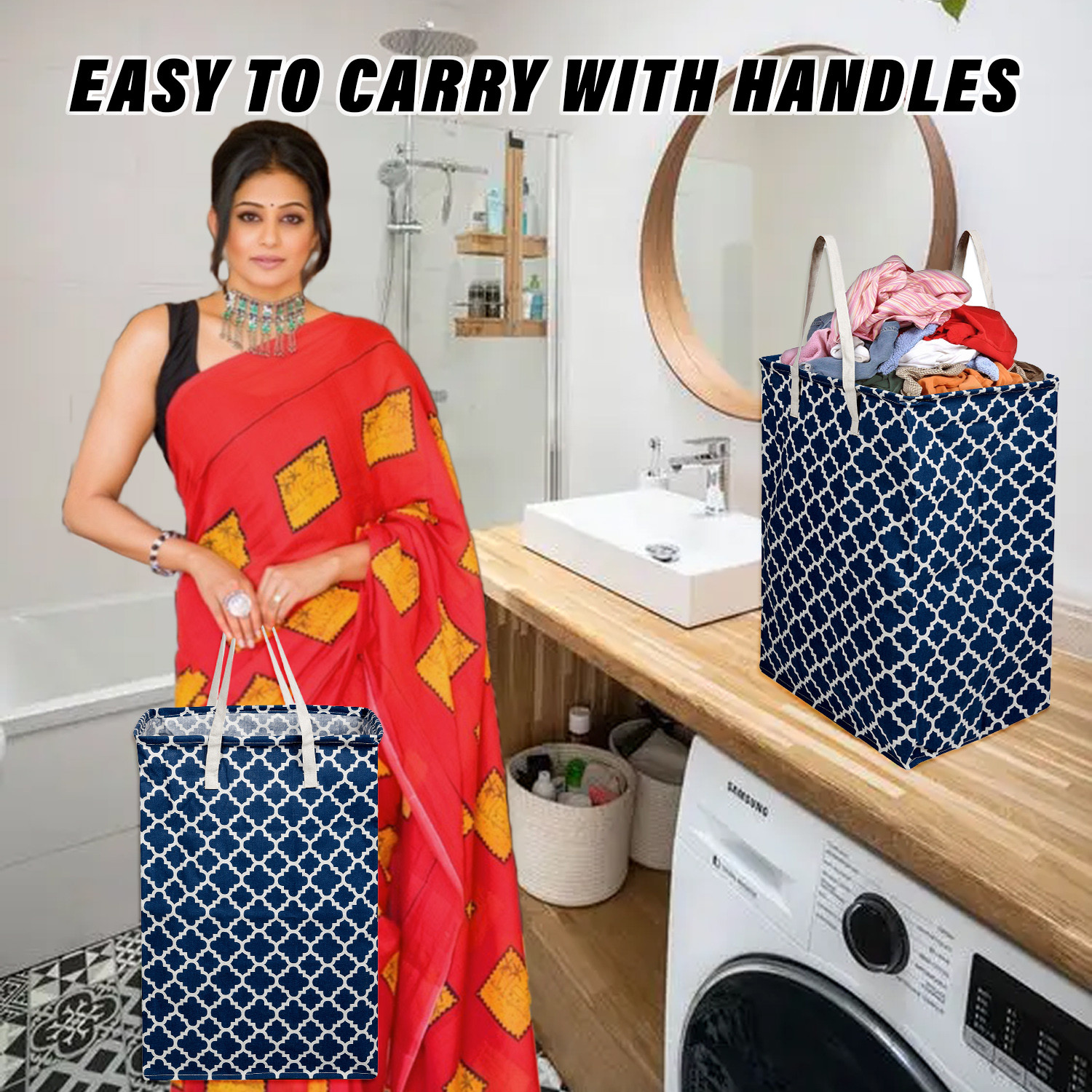 Kuber Industries Laundry Basket  Star Laundry Basket  Canvas Storage Bag with Handles  Clothes Storage Basket for Home  Toy Storage Basket  75 LTR  Large  Navy Blue