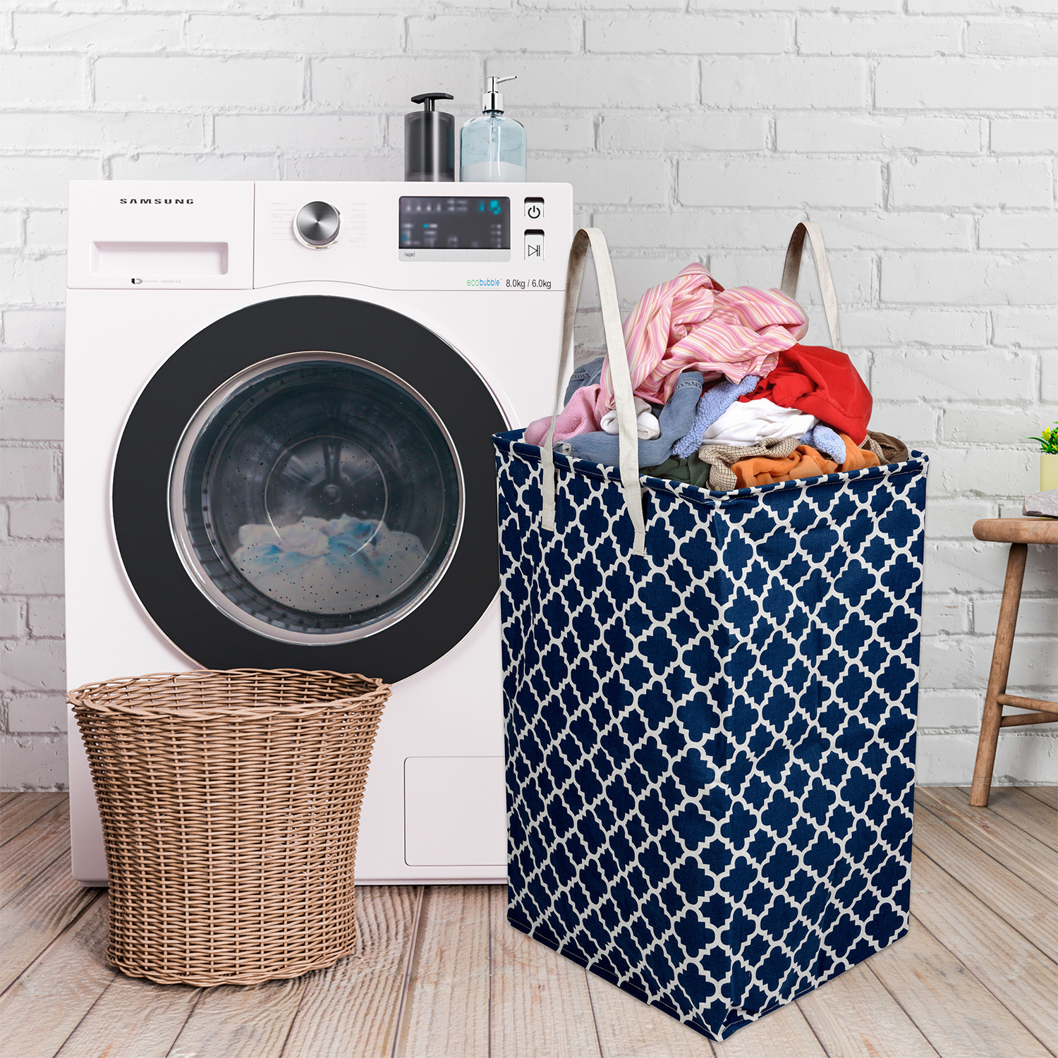 Kuber Industries Laundry Basket | Star Laundry Basket | Canvas Storage Bag with Handles | Clothes Storage Basket for Home | Toy Storage Basket | 75 LTR | Large | Navy Blue