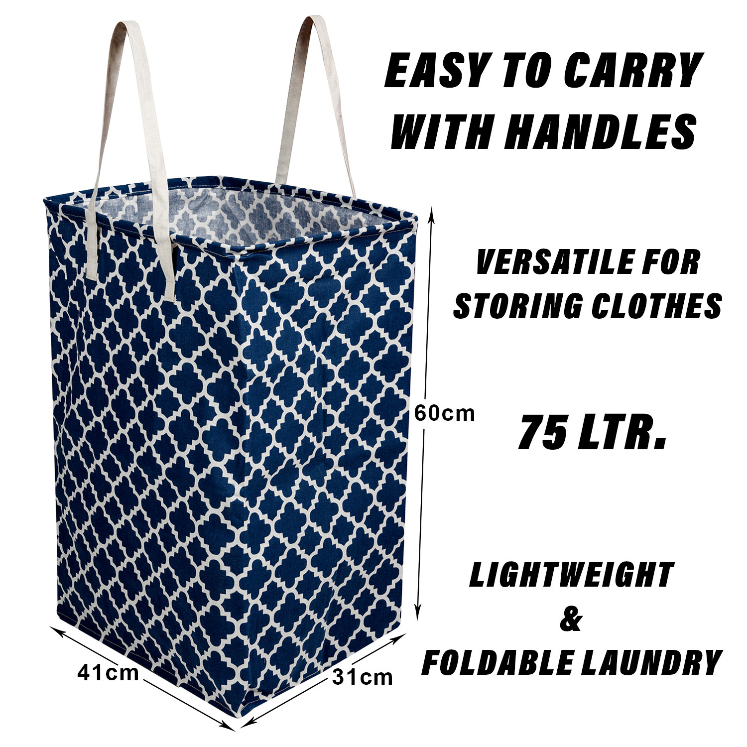 Kuber Industries Laundry Basket | Star Laundry Basket | Canvas Storage Bag with Handles | Clothes Storage Basket for Home | Toy Storage Basket | 75 LTR | Large | Navy Blue