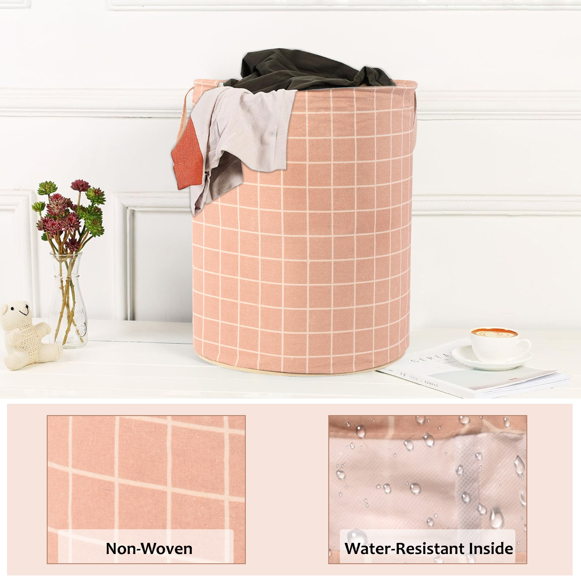 Kuber Industries Laundry Basket 60 LTR Cotton Round Laundry Hamper Check-Print Clothes Storage Bag  Basket for Clothes  Foldable Laundry Bag  Toy Storage Basket  Brown