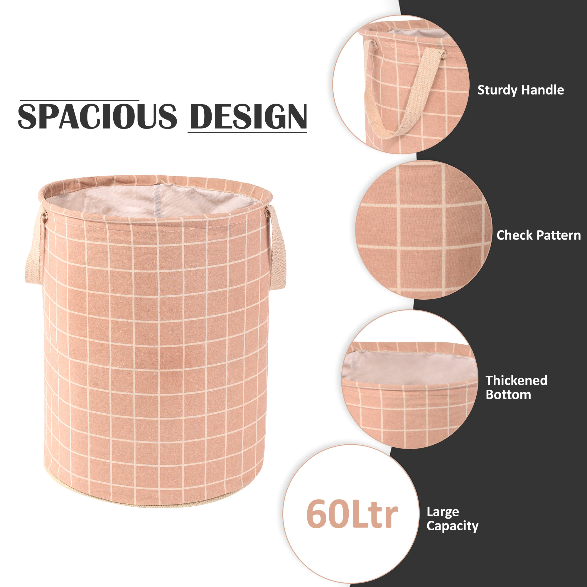 Kuber Industries Laundry Basket 60 LTR Cotton Round Laundry Hamper Check-Print Clothes Storage Bag  Basket for Clothes  Foldable Laundry Bag  Toy Storage Basket  Brown