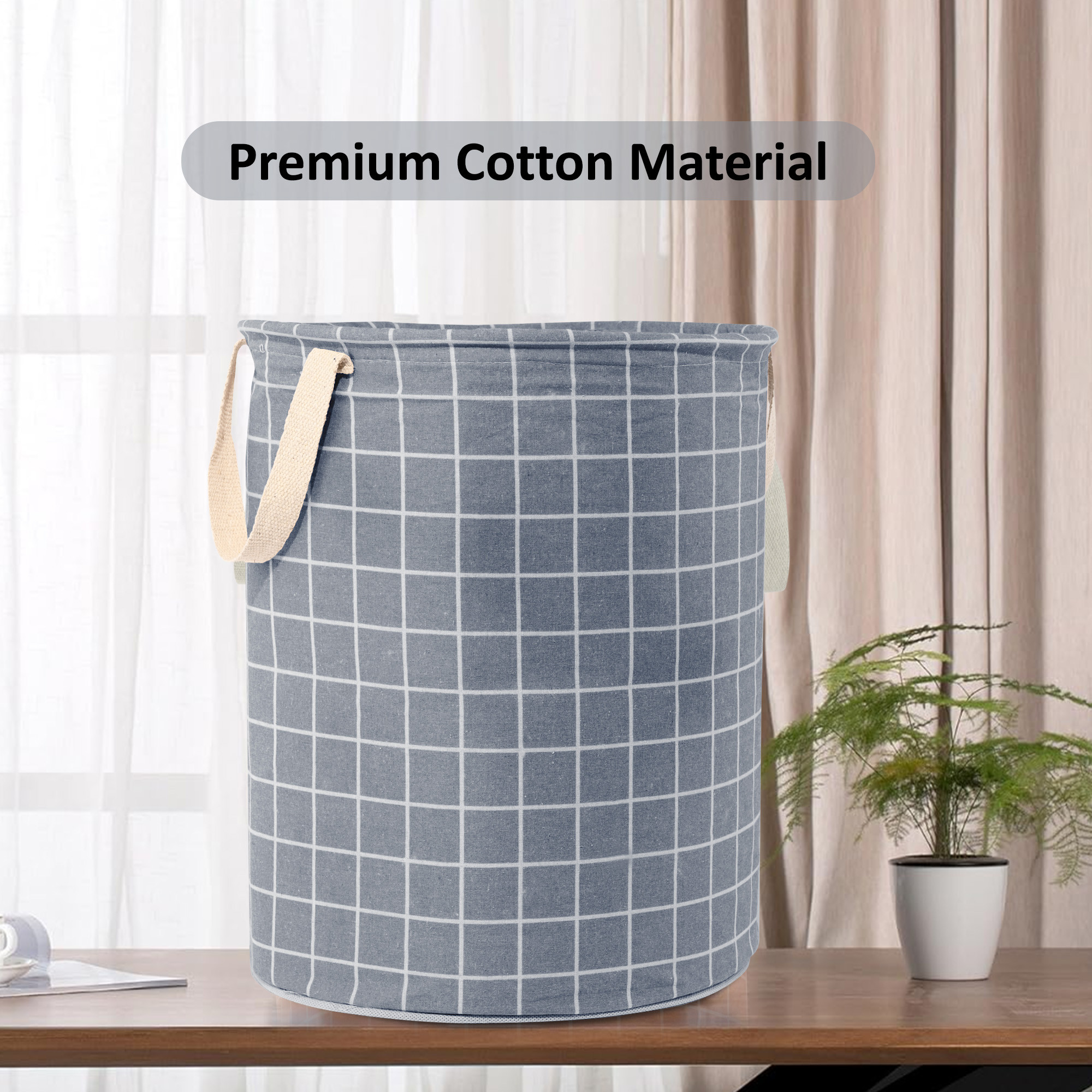 Kuber Industries Laundry Basket 60 LTR Cotton Round Laundry Hamper Check-Print Clothes Storage Bag  Basket for Clothes  Foldable Laundry Bag  Toy Storage Basket  Dark Grey