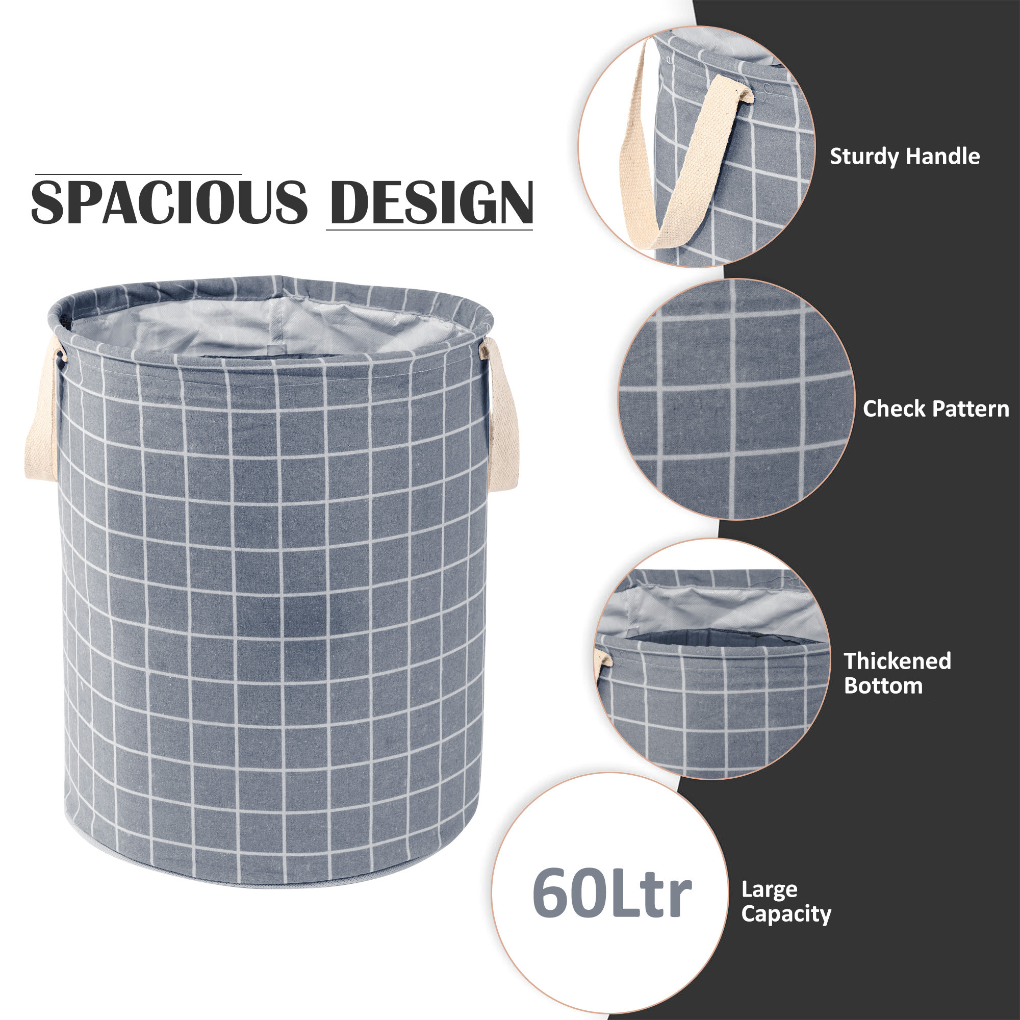 Kuber Industries Laundry Basket 60 LTR Cotton Round Laundry Hamper Check-Print Clothes Storage Bag  Basket for Clothes  Foldable Laundry Bag  Toy Storage Basket  Dark Grey