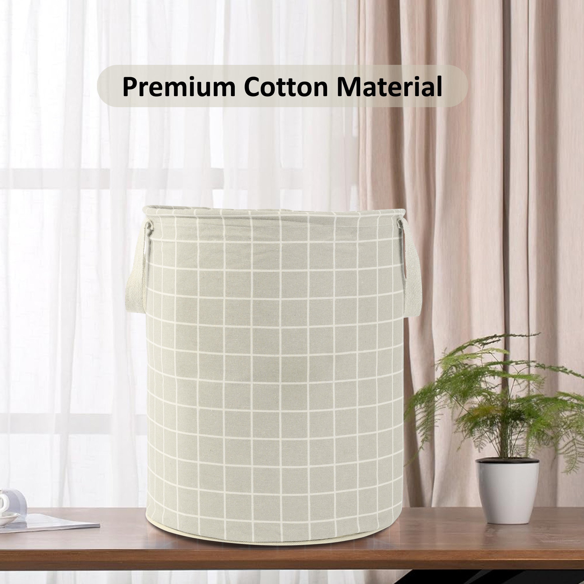 Kuber Industries Laundry Basket 60 LTR Cotton Round Laundry Hamper Check-Print Clothes Storage Bag  Basket for Clothes  Foldable Laundry Bag  Toy Storage Basket  Light Grey