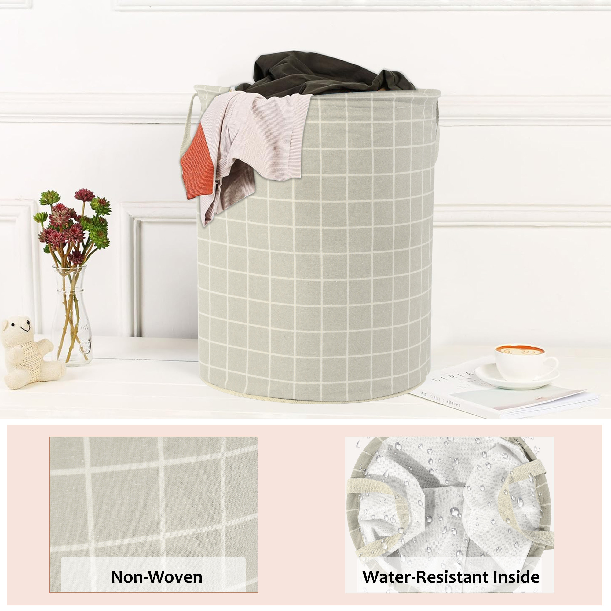 Kuber Industries Laundry Basket 60 LTR Cotton Round Laundry Hamper Check-Print Clothes Storage Bag  Basket for Clothes  Foldable Laundry Bag  Toy Storage Basket  Light Grey