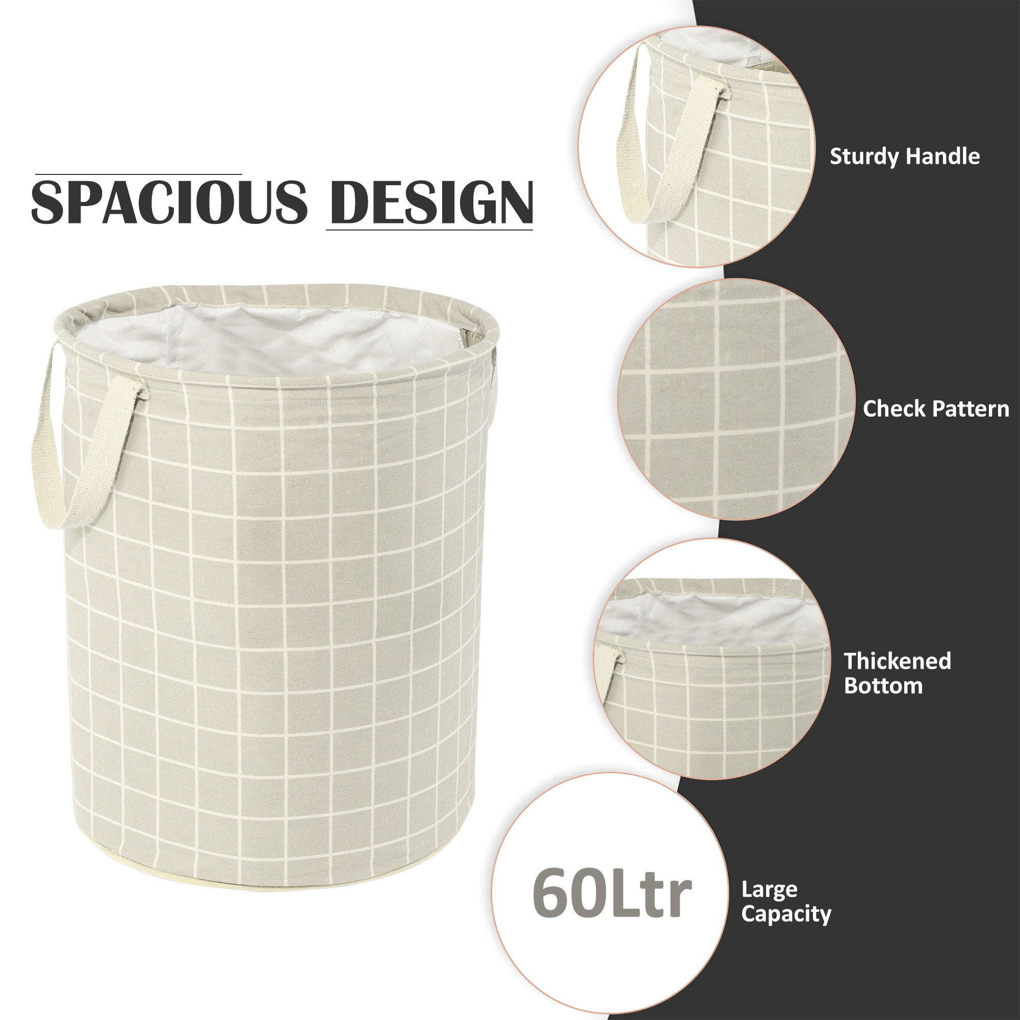 Kuber Industries Laundry Basket 60 LTR Cotton Round Laundry Hamper Check-Print Clothes Storage Bag  Basket for Clothes  Foldable Laundry Bag  Toy Storage Basket  Light Grey