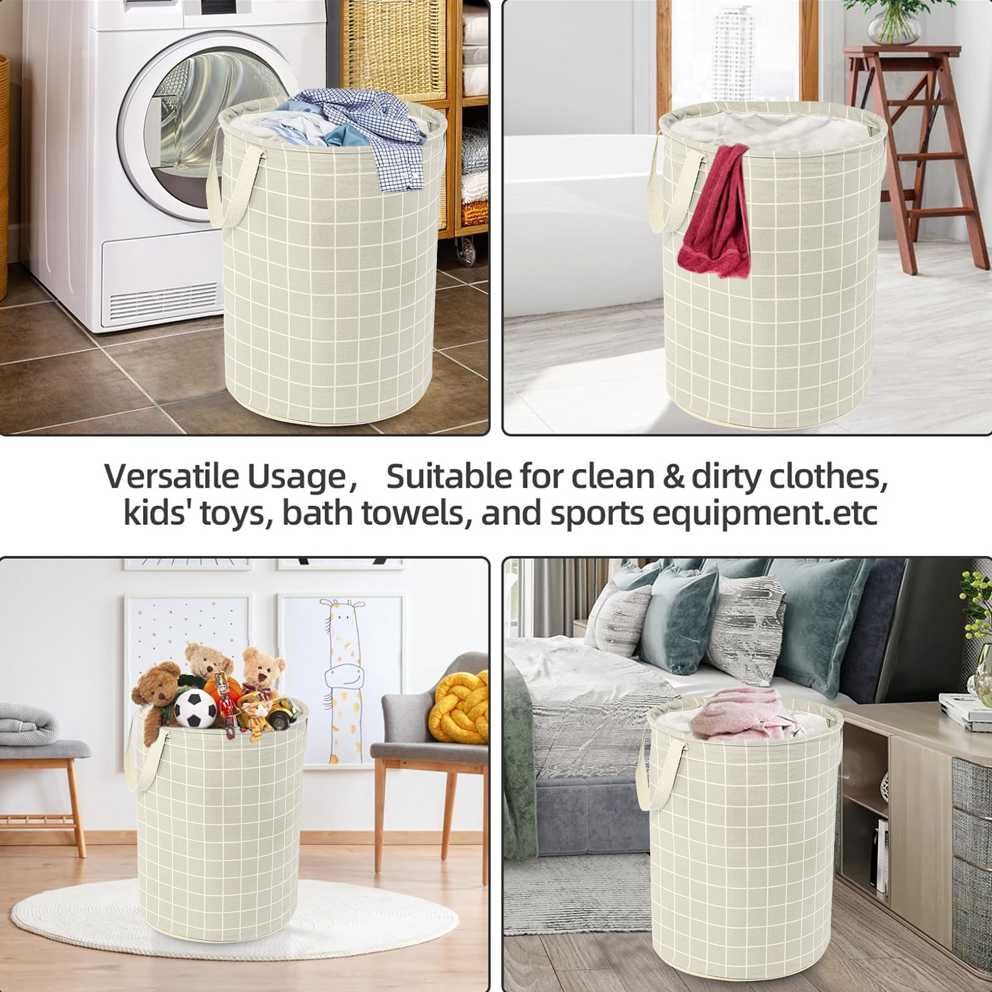 Kuber Industries Laundry Basket 60 LTR Cotton Round Laundry Hamper Check-Print Clothes Storage Bag  Basket for Clothes  Foldable Laundry Bag  Toy Storage Basket  Light Grey