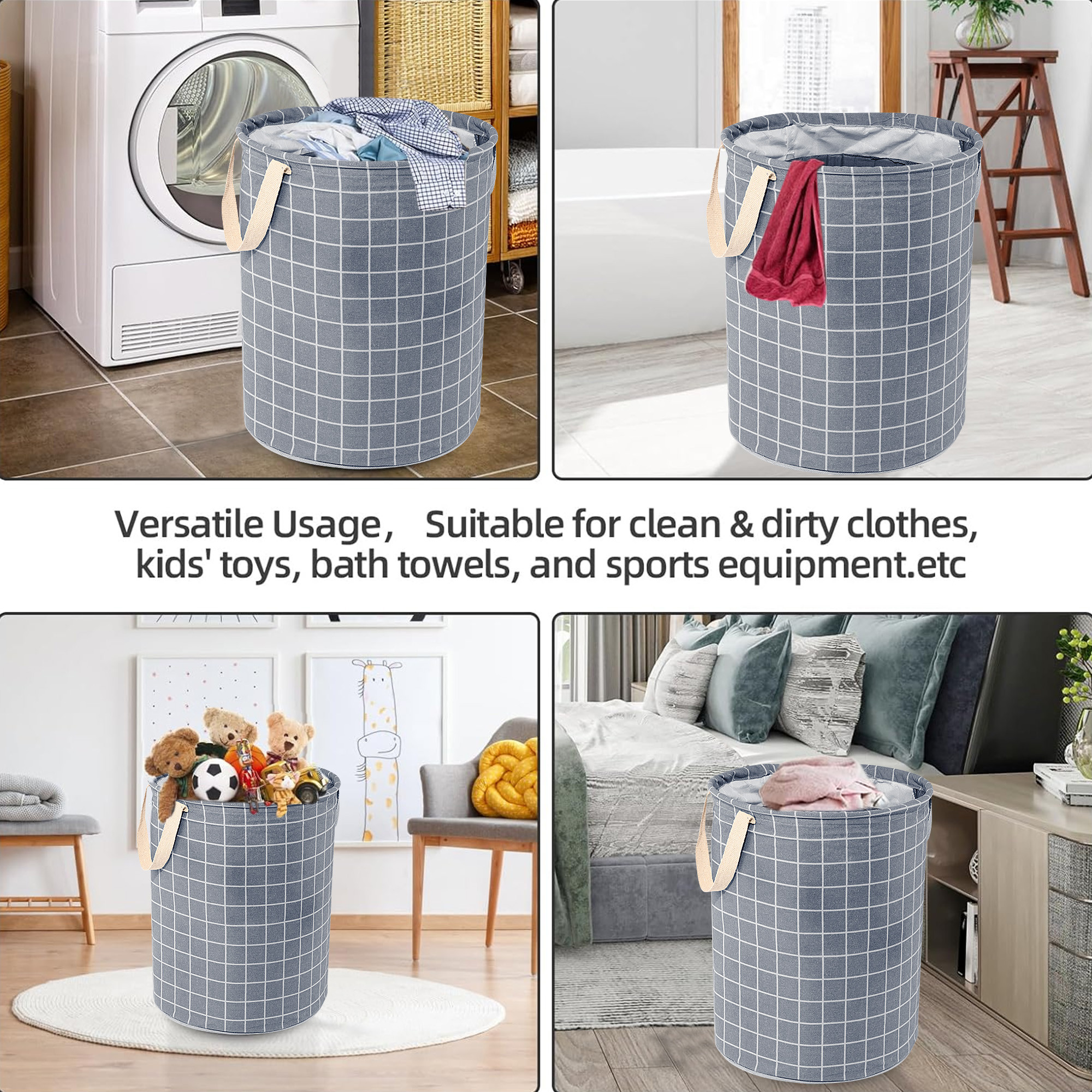Kuber Industries Laundry Basket 60 LTR Cotton Round Laundry Hamper Check-Print Clothes Storage Bag  Basket for Clothes  Foldable Laundry Bag  Toy Storage Basket  Dark Grey
