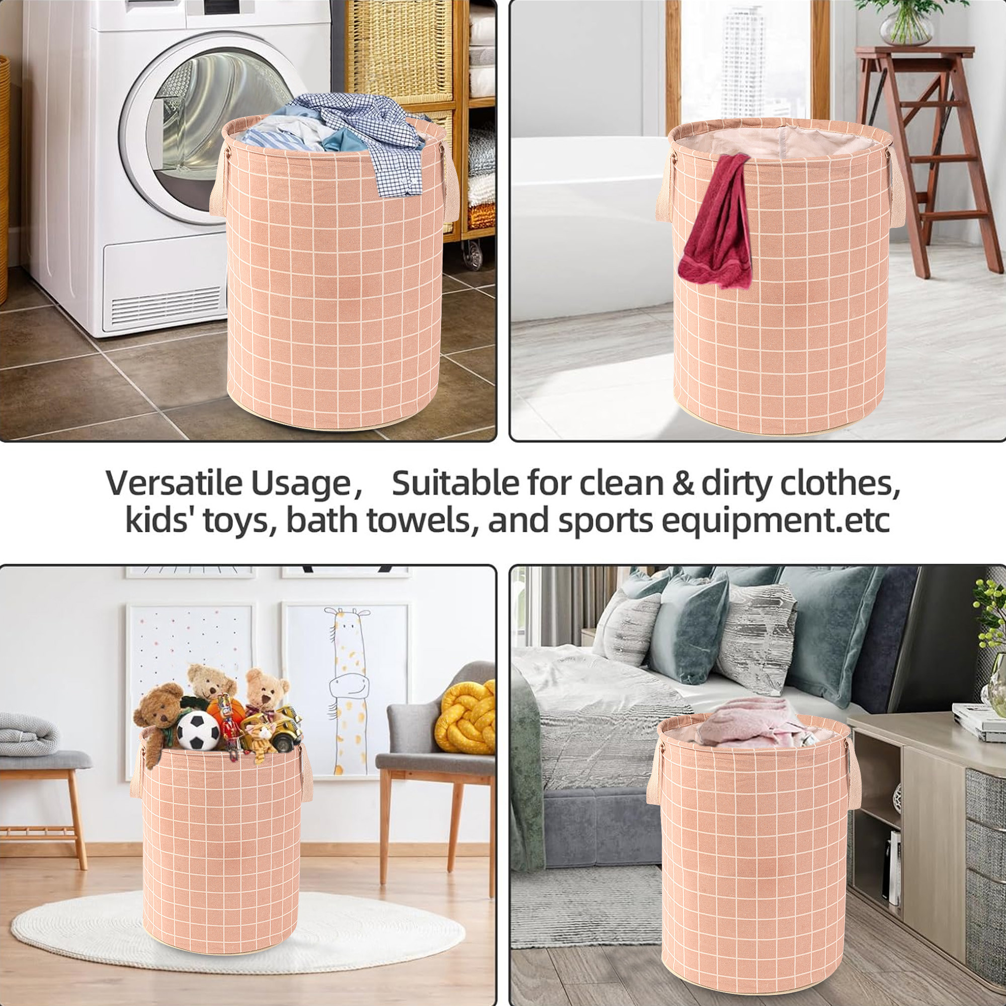 Kuber Industries Laundry Basket 60 LTR Cotton Round Laundry Hamper Check-Print Clothes Storage Bag  Basket for Clothes  Foldable Laundry Bag  Toy Storage Basket  Brown