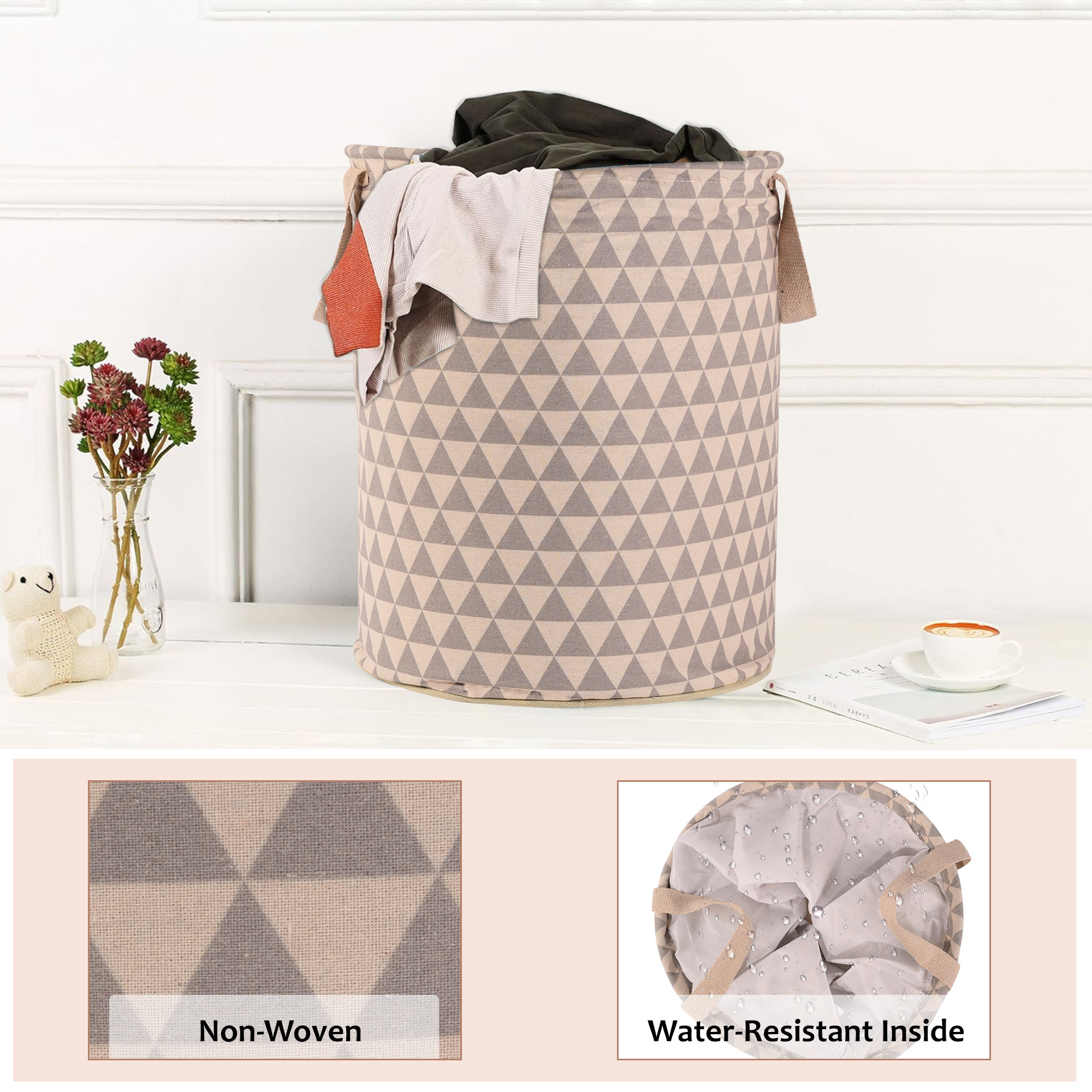 Kuber Industries Laundry Basket 60 LTR Cotton Round Laundry Hamper Triangle-Print Clothes Storage Bag  Basket for Clothes  Foldable Laundry Bag  Toy Storage Basket  Grey