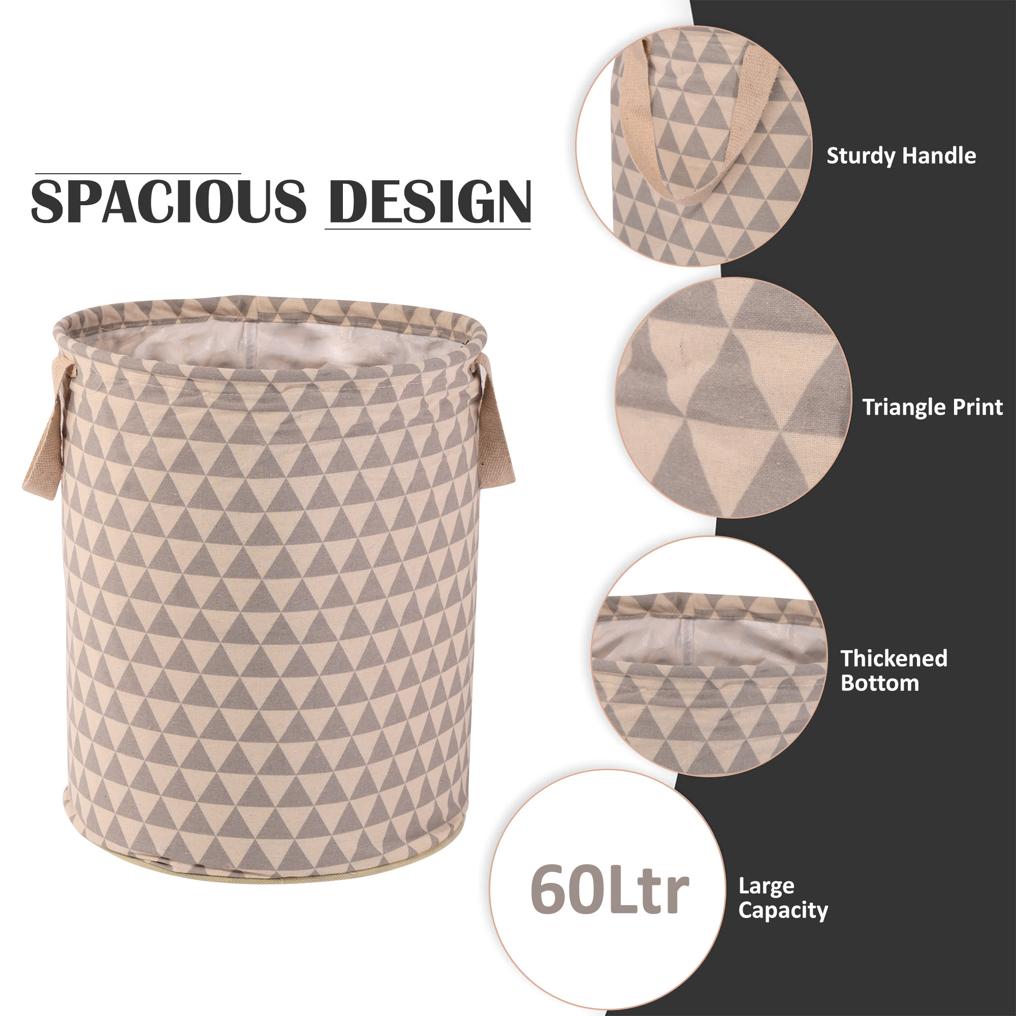 Kuber Industries Laundry Basket 60 LTR Cotton Round Laundry Hamper Triangle-Print Clothes Storage Bag  Basket for Clothes  Foldable Laundry Bag  Toy Storage Basket  Grey