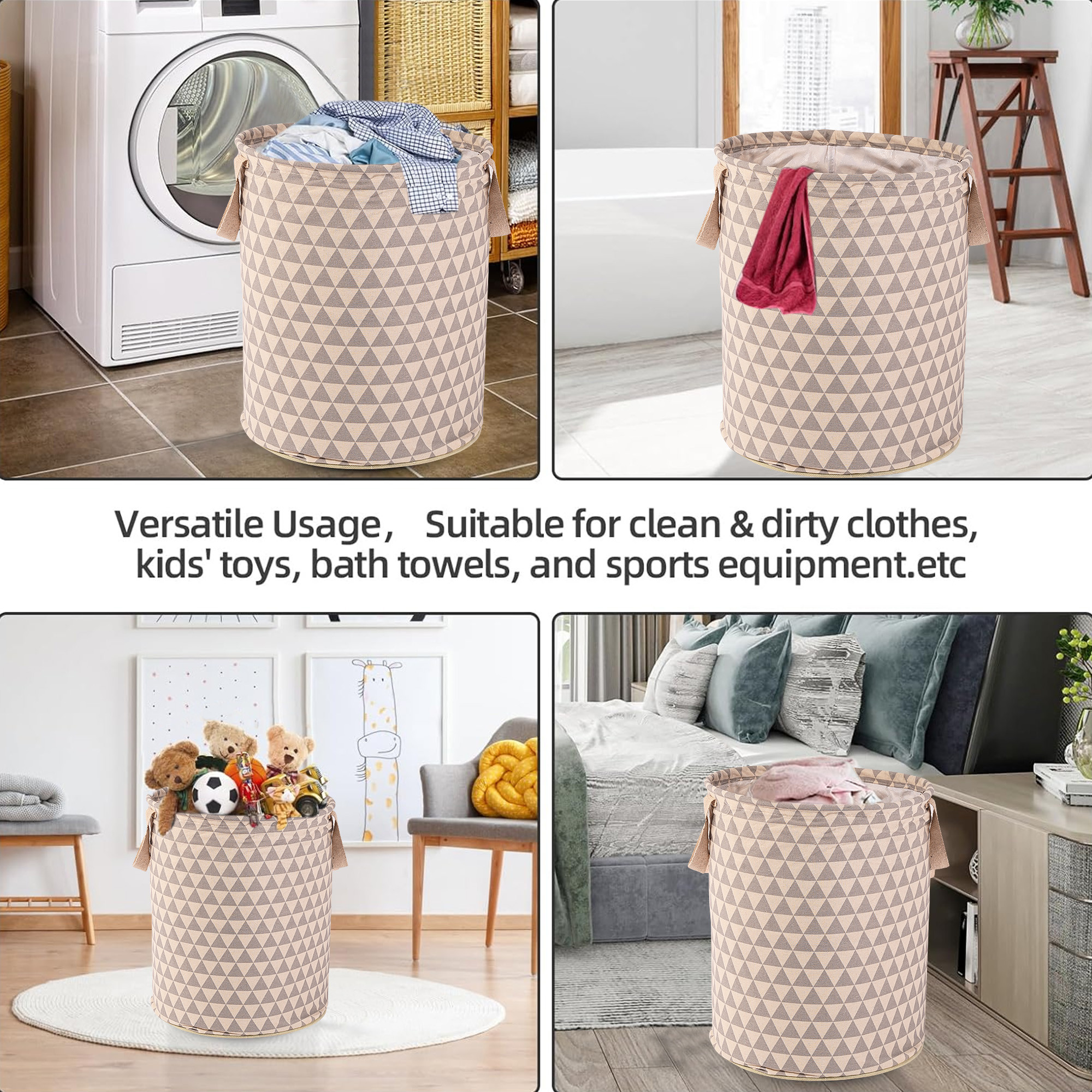 Kuber Industries Laundry Basket 60 LTR Cotton Round Laundry Hamper Triangle-Print Clothes Storage Bag  Basket for Clothes  Foldable Laundry Bag  Toy Storage Basket  Grey