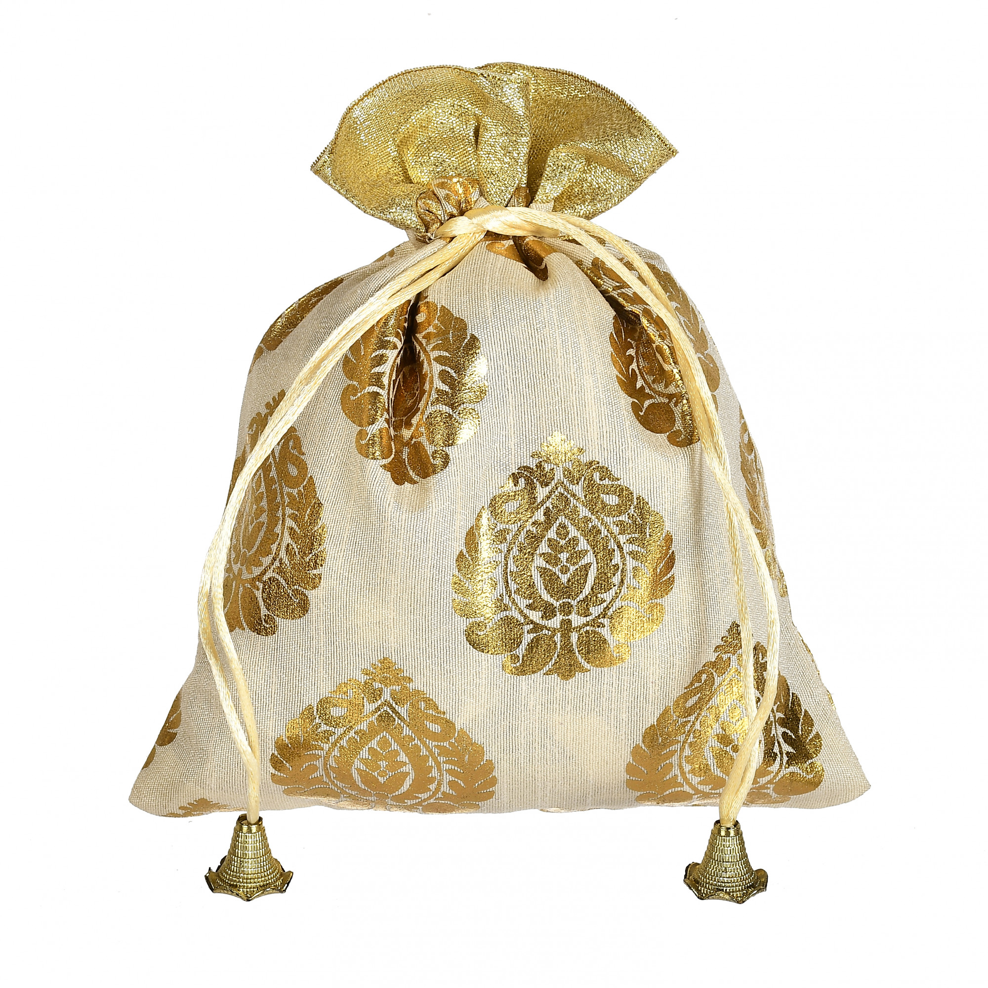 Kuber Industries Leaf Design  Drawstring Potli Bag Party Wedding Favor Gift Jewelry Bags-(Gold)