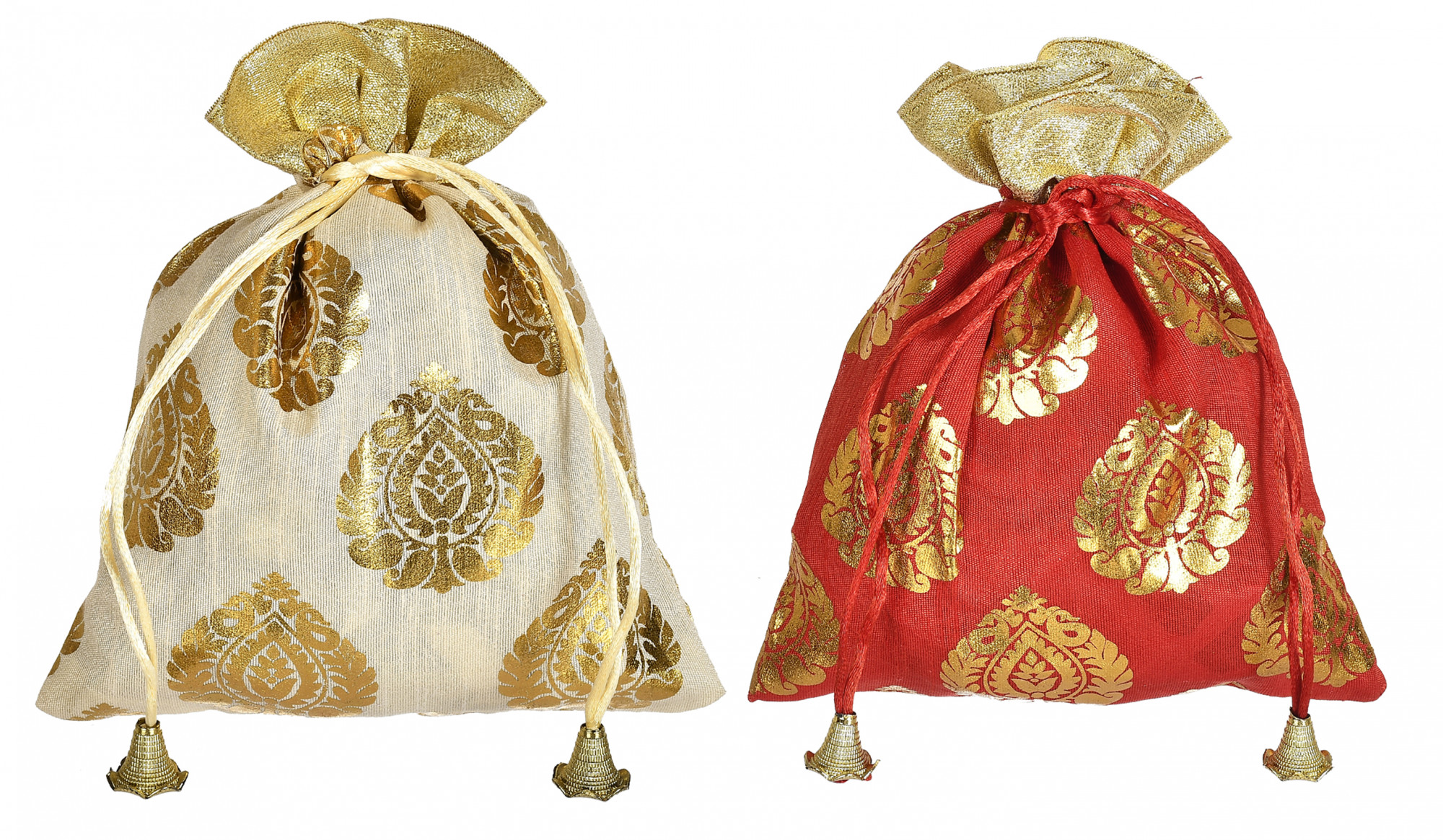 Kuber Industries Leaf Design  Drawstring Potli Bag Party Wedding Favor Gift Jewelry Bags-(Gold & Red)