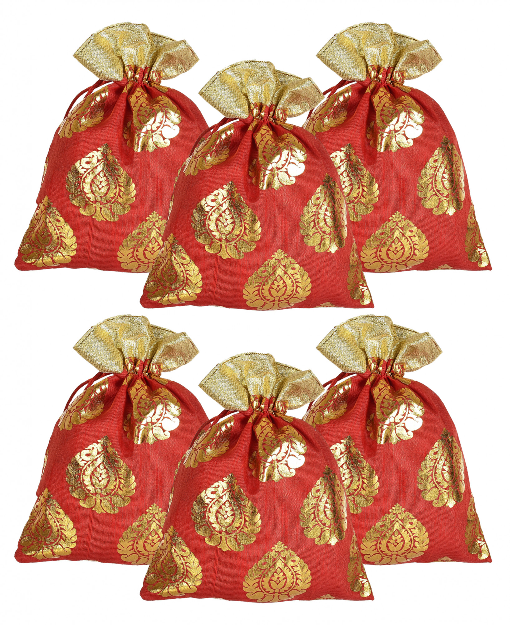 Kuber Industries Leaf Design  Drawstring Potli Bag Party Wedding Favor Gift Jewelry Bags-(Red)