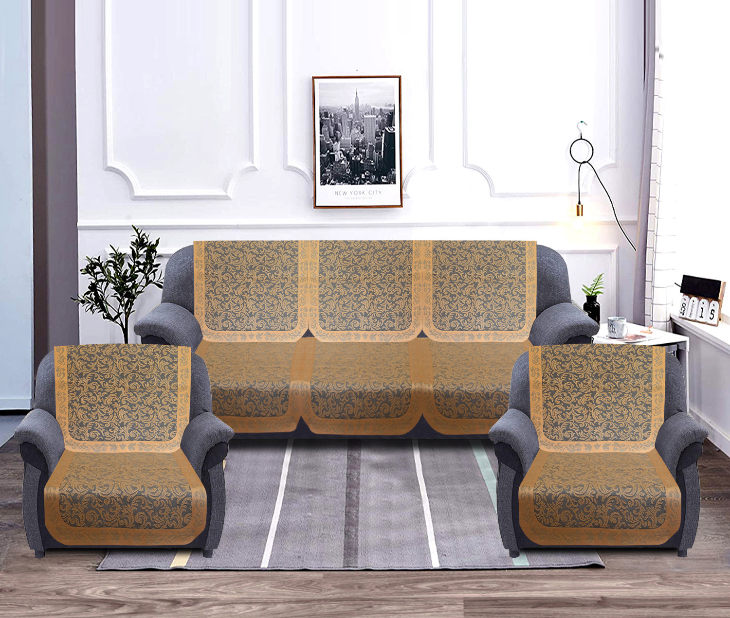 Kuber Industries Leaf Design 5 Seater Cotton Sofa Cover Set (Golden)