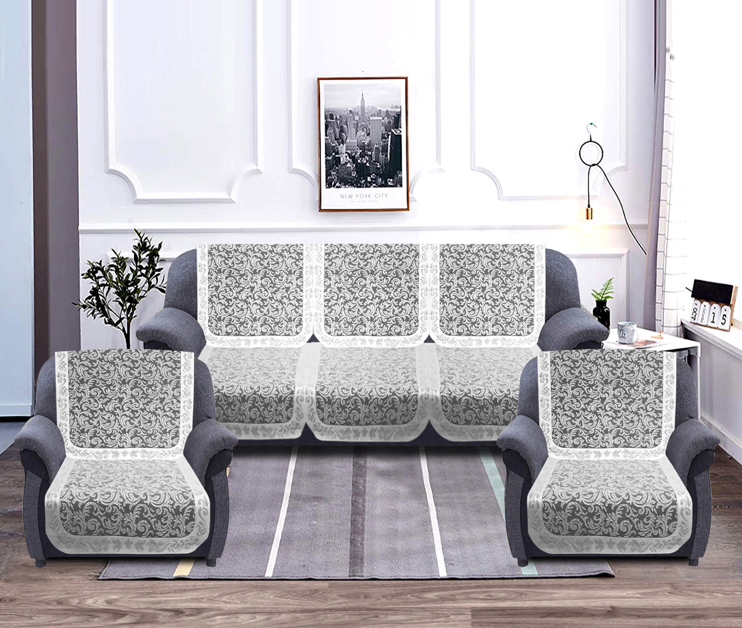 Kuber Industries Leaf Design 5 Seater Cotton Sofa Cover Set (White)