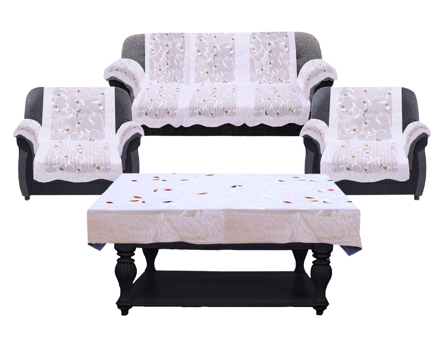 Kuber Industries Leaf Design Cotton 5 Seater Sofa Cover With 6 Pieces Arms cover And 1 Center Table Cover Use Both Side, Living Room, Drawing Room, Bedroom, Guest Room (Set Of17, Cream)-KUBMRT12011