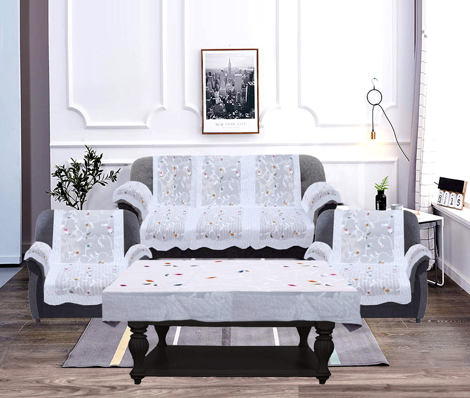 Kuber Industries Leaf Design Cotton 5 Seater Sofa Cover With 6 Pieces Arms cover And 1 Center Table Cover Use Both Side, Living Room, Drawing Room, Bedroom, Guest Room (Set Of17, White)-KUBMRT12013