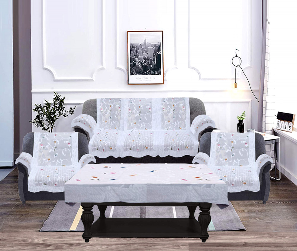 Kuber Industries Leaf Design Cotton 5 Seater Sofa Cover With 6 Pieces Arms cover And 1 Center Table Cover Use Both Side, Living Room, Drawing Room, Bedroom, Guest Room (Set Of17, White)-KUBMRT12013
