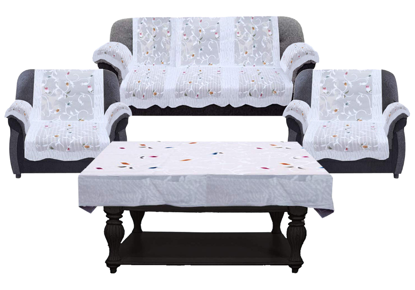 Kuber Industries Leaf Design Cotton 5 Seater Sofa Cover With 6 Pieces Arms cover And 1 Center Table Cover Use Both Side, Living Room, Drawing Room, Bedroom, Guest Room (Set Of17, White)-KUBMRT12013