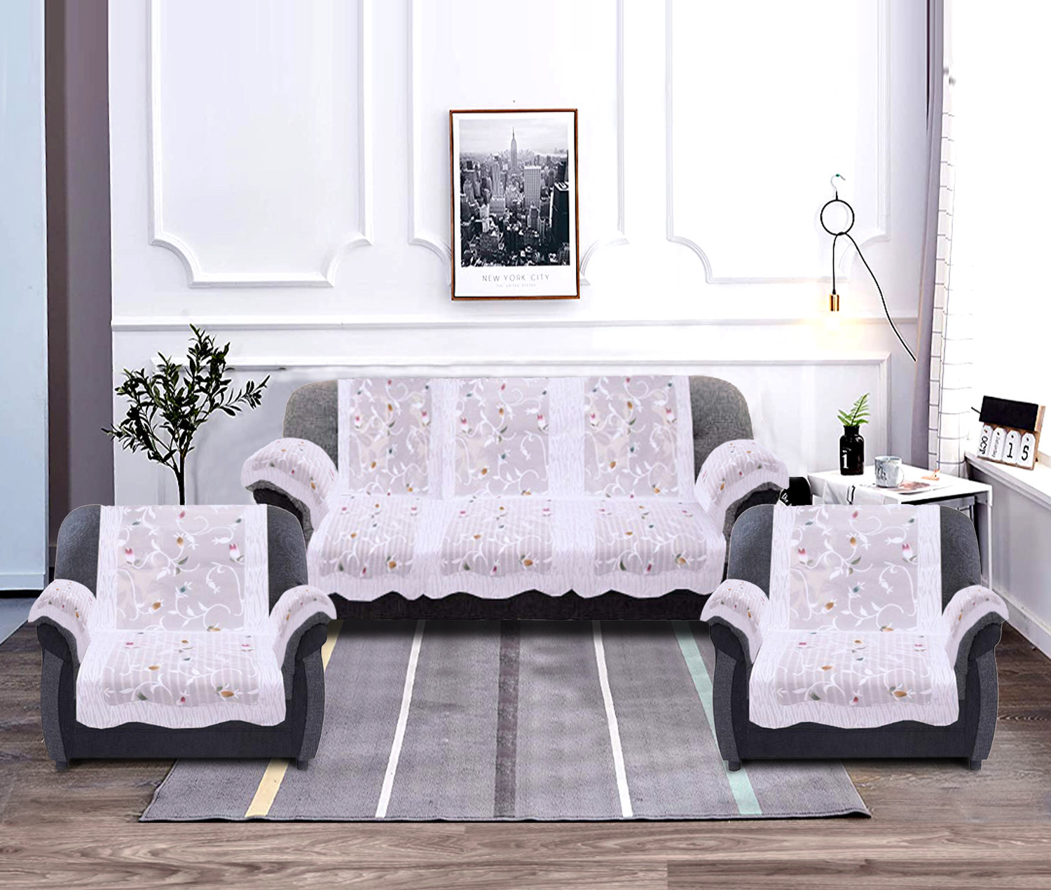 Kuber Industries Leaf Design Cotton 5 Seater Sofa Cover With 6 Pieces Arms cover Use Both Side, Living Room, Drawing Room, Bedroom, Guest Room (Set Of16, Cream)-KUBMRT11957