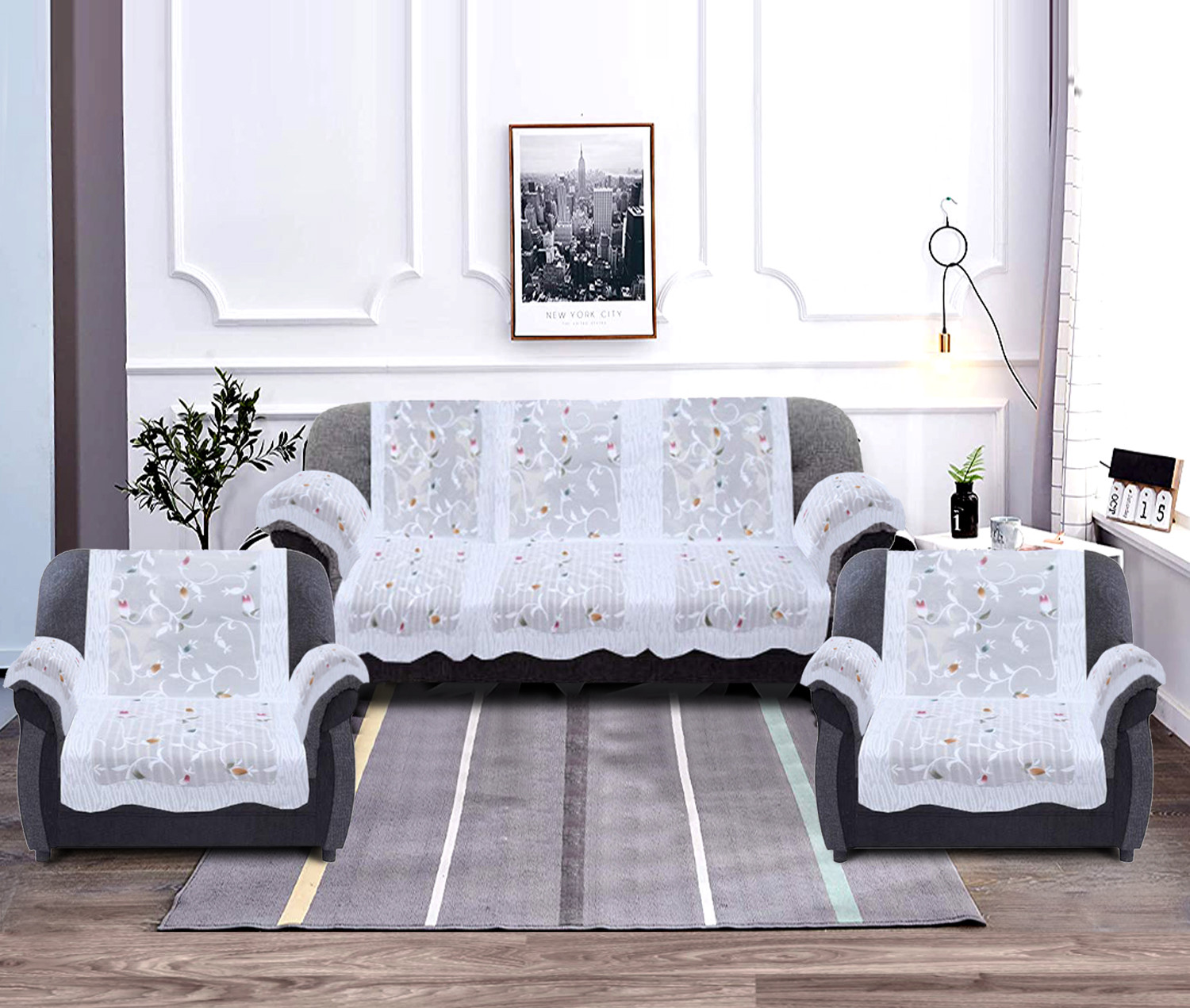 Kuber Industries Leaf Design Cotton 5 Seater Sofa Cover With 6 Pieces Arms cover Use Both Side, Living Room, Drawing Room, Bedroom, Guest Room (Set Of16, White)-KUBMRT11959