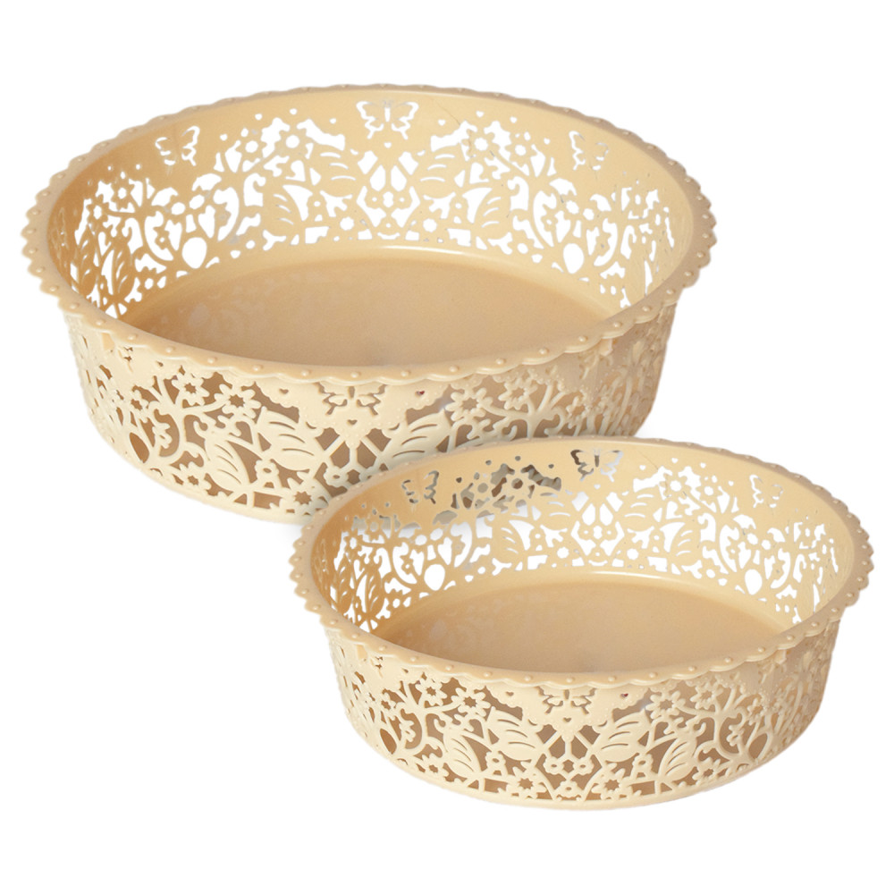 Kuber Industries Leaf Design Multipurpose Round Shape Basket Ideal For Friuts, Vegetable, Toys Small &amp; Large Pack of 2 (Beige)