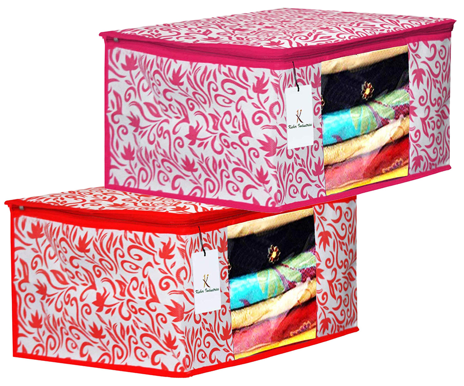 Kuber Industries Leaf Design Non Woven Fabric Saree Cover Set with Transparent Window, Extra Large, Red & Pink -CTKTC40765