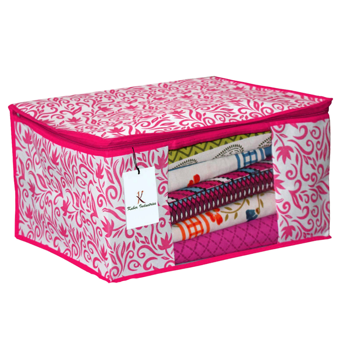 Kuber Industries Leaf Design Non Woven Fabric Saree Cover Set with Transparent Window, Extra Large, Red & Pink -CTKTC40765